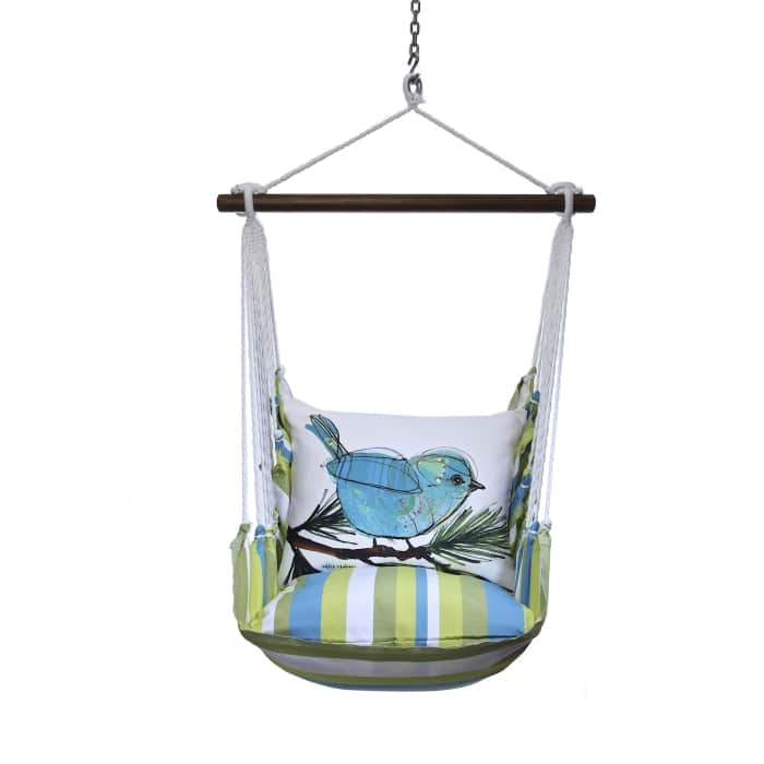 Blue outdoor swing crafted by the artisans of Magnolia Casual called the Swing Set 4 piece Beach Boulevard Stripe w/ Blue Bird on Branch featuring 100 percent weather resistant fabric, weather resistant polyester fabric shown against a clean backdrop featuring with a stripe motif and shades of blue.