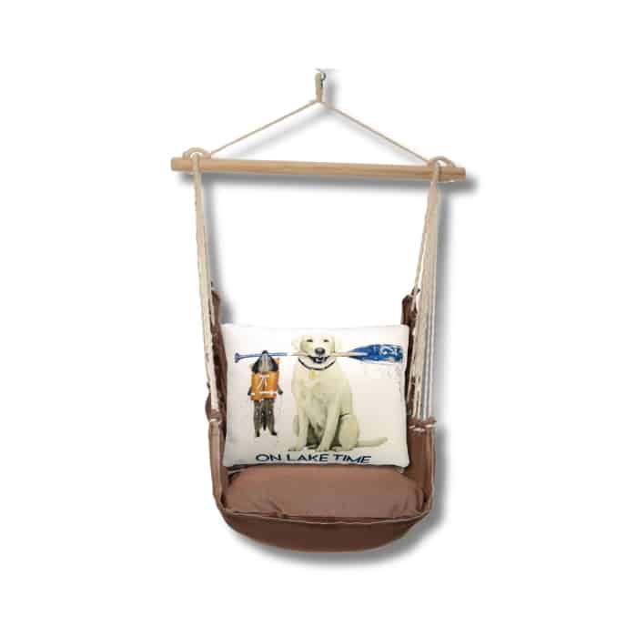 Multi colored outdoor swing crafted by the artisans of Magnolia Casual called the Swing Set 4 piece Chocolate Solid w/ Lake Time featuring 100 percent weather resistant fabric, weather resistant polyester fabric, artisan, natural materials shown against a clean backdrop.
