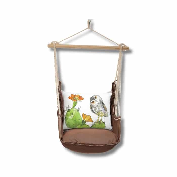 Multi colored outdoor swing crafted by the artisans of Magnolia Casual called the Swing Set 4 piece Chocolate Solid w/ Owl on Prickly Cactus featuring 100 percent weather resistant fabric, weather resistant polyester fabric, artisan, natural materials shown against a clean backdrop featuring with a owl motif.