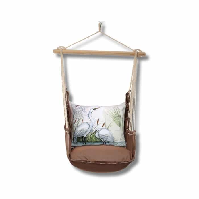 Multi colored outdoor swing crafted by the artisans of Magnolia Casual called the Swing Set 4 piece Chocolate Solid w/ Heron Pair featuring 100 percent weather resistant fabric, weather resistant polyester fabric, artisan, natural materials shown against a clean backdrop.