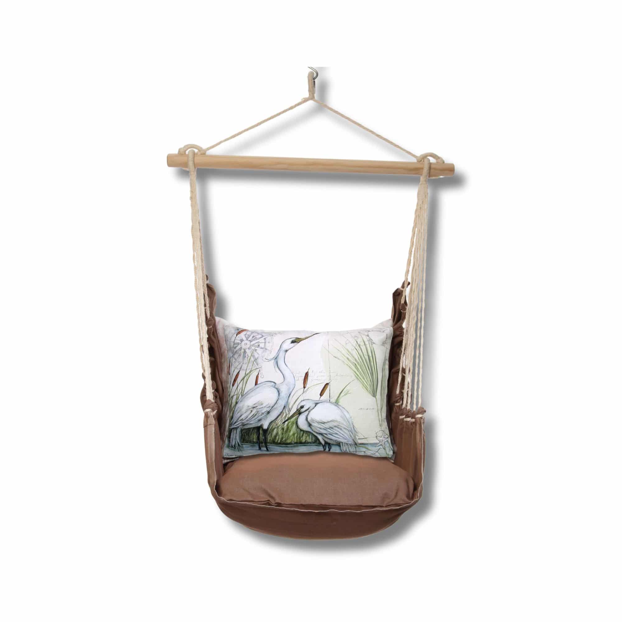 Multi colored outdoor swing crafted by the artisans of Magnolia Casual called the Swing Set 4 piece Chocolate Solid w/ Heron Pair featuring 100 percent weather resistant fabric, weather resistant polyester fabric, artisan, natural materials shown against a clean backdrop.