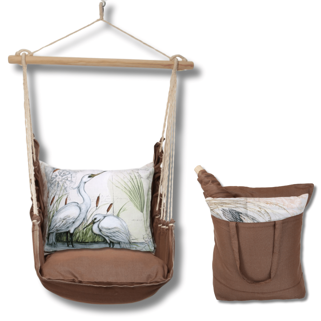 Multi colored outdoor swing crafted by the artisans of Magnolia Casual called the Swing Set 4 piece Chocolate Solid w/ Heron Pair featuring 100 percent weather resistant fabric, weather resistant polyester fabric, artisan, natural materials shown against a clean backdrop.