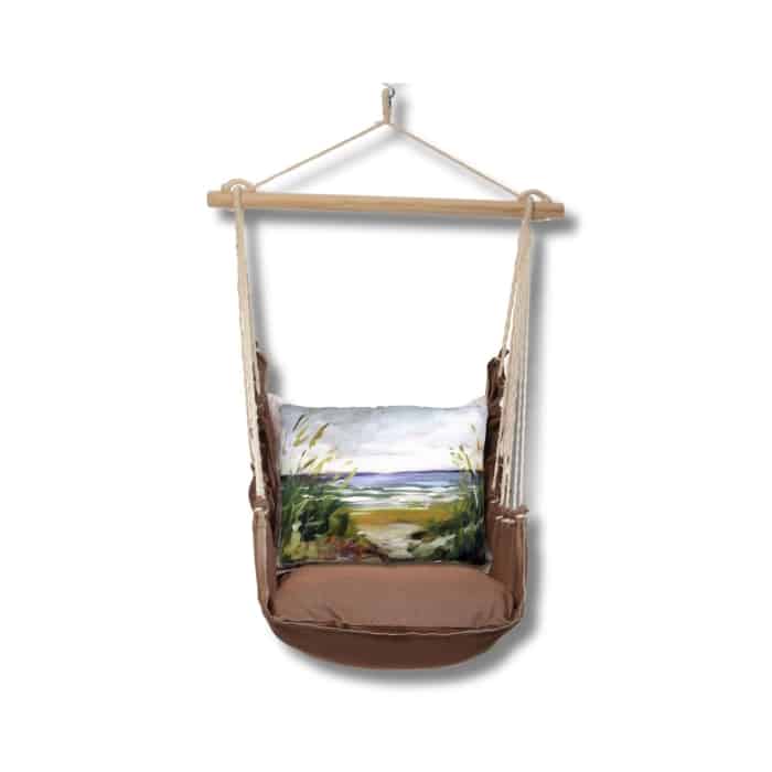 Multi colored outdoor swing crafted by the artisans of Magnolia Casual called the Swing Set 4 piece Chocolate Solid w/ Beach Path featuring 100 percent weather resistant fabric, weather resistant polyester fabric, artisan, natural materials shown against a clean backdrop.
