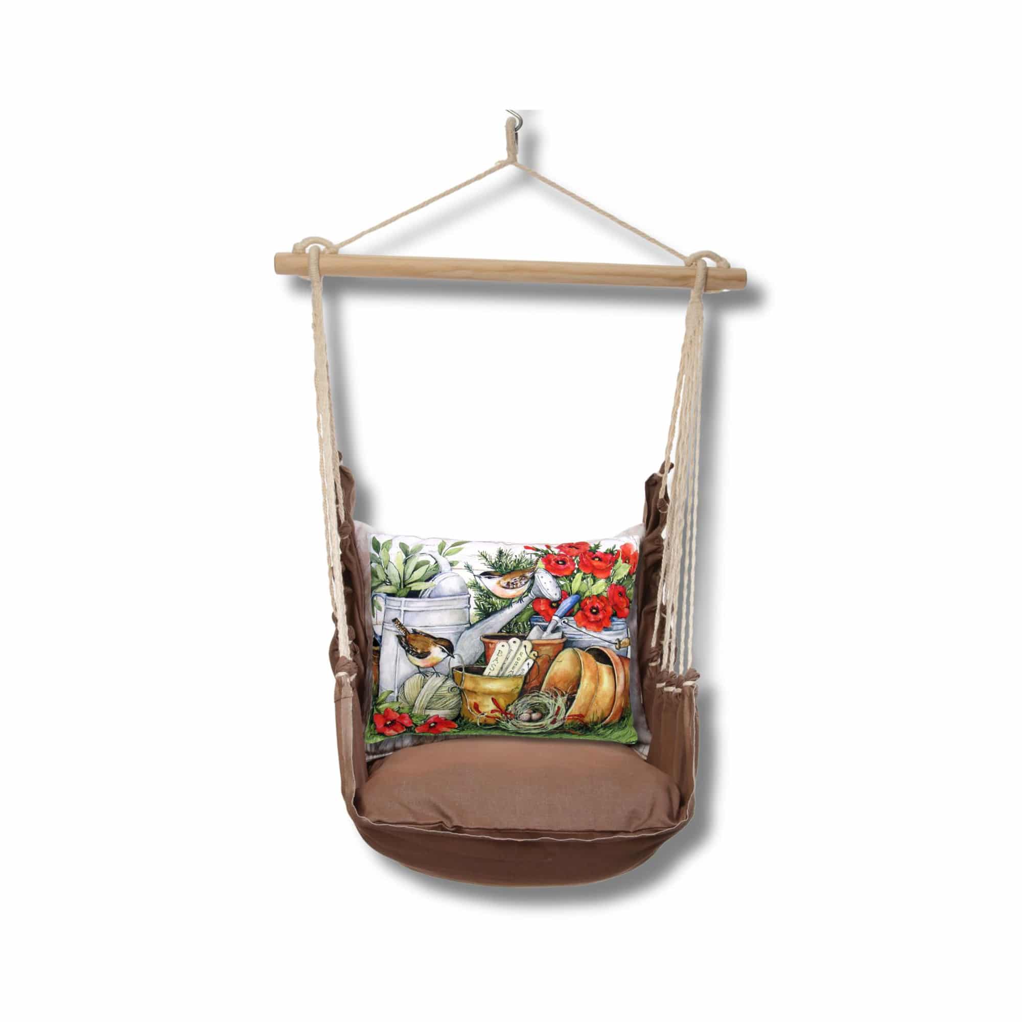 Multi colored outdoor swing crafted by the artisans of Magnolia Casual called the Swing Set 4 piece Chocolate Solid w/ Watering Can & Flower Pots featuring 100 percent weather resistant fabric, weather resistant polyester fabric, artisan, natural materials shown against a clean backdrop featuring with a floral motif.