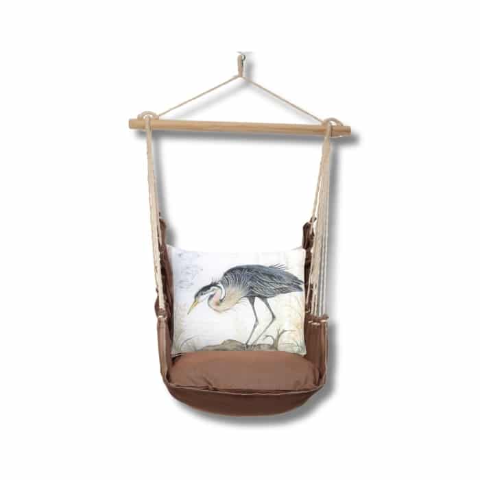 Multi colored outdoor swing crafted by the artisans of Magnolia Casual called the Swing Set 4 piece Chocolate Solid w/ Heron on Limb featuring 100 percent weather resistant fabric, weather resistant polyester fabric, artisan, natural materials shown against a clean backdrop.