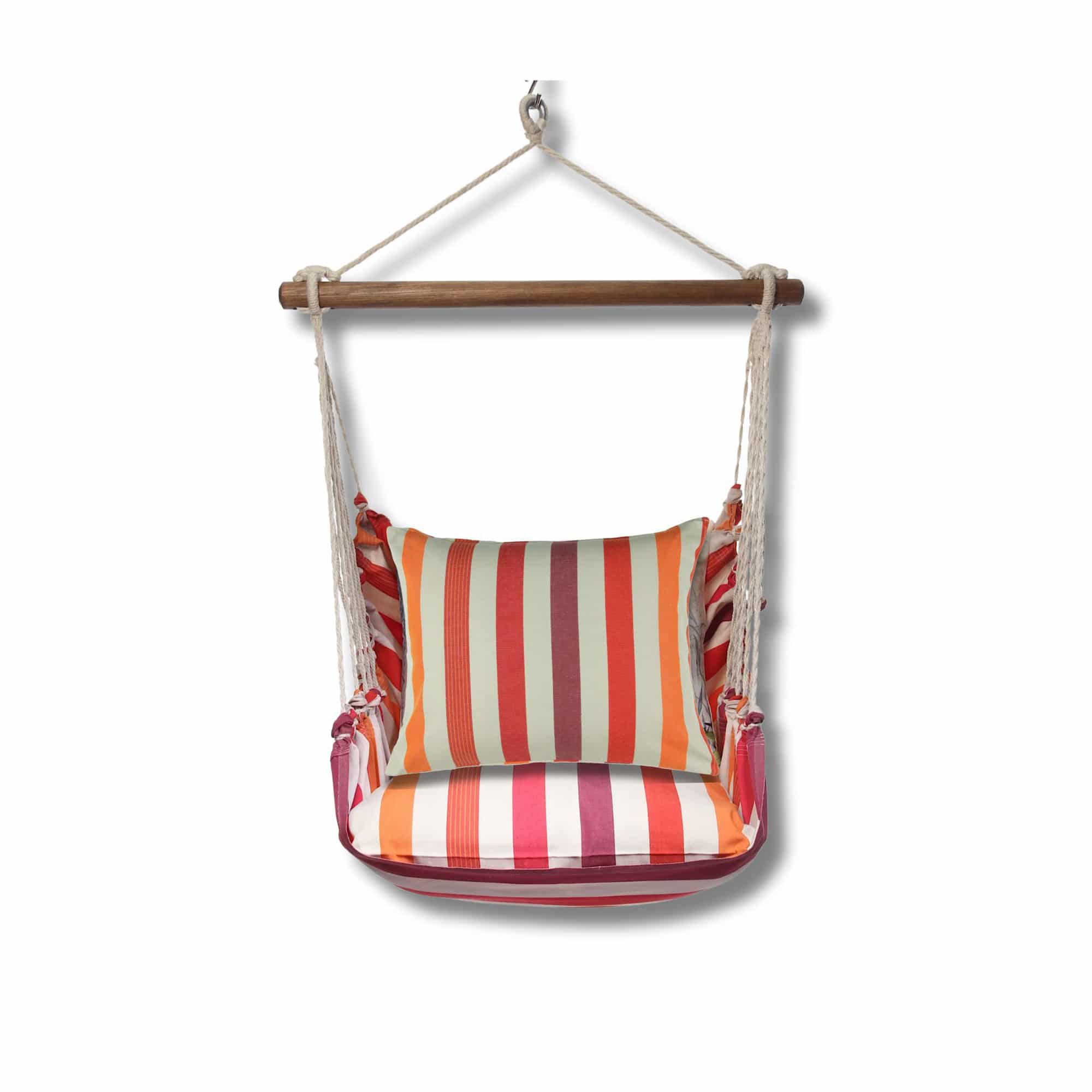 Multi colored outdoor swing crafted by the artisans of Magnolia Casual called the Swing Set 4 piece Cristina Stripe w/ Cristina Stripe featuring 100 percent weather resistant fabric, weather resistant polyester fabric, handcrafted shown against a clean backdrop featuring with a stripe motif.