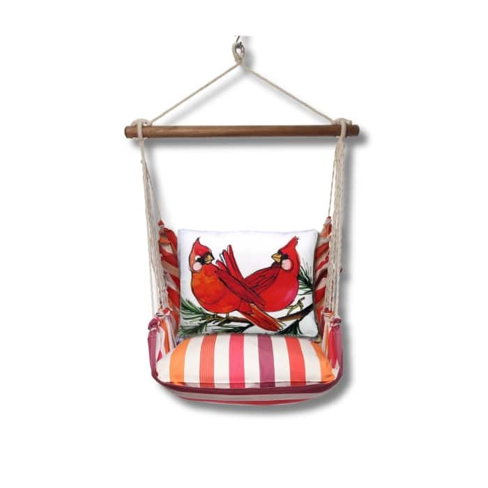 Multi colored outdoor swing crafted by the artisans of Magnolia Casual called the Swing Set 4 piece Cristina Stripe w/ Cardinal Pair featuring 100 percent weather resistant fabric, weather resistant polyester fabric, handcrafted shown against a clean backdrop featuring with a stripe motif.