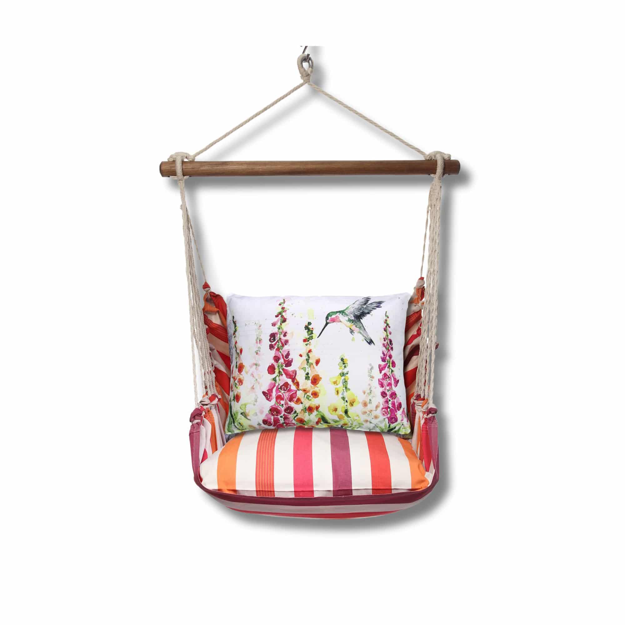 Multi colored outdoor swing crafted by the artisans of Magnolia Casual called the Swing Set 4 piece Cristina Stripe w/ Foxgloves w/Hummingbird featuring 100 percent weather resistant fabric, weather resistant polyester fabric, handcrafted shown against a clean backdrop featuring with a stripe motif.
