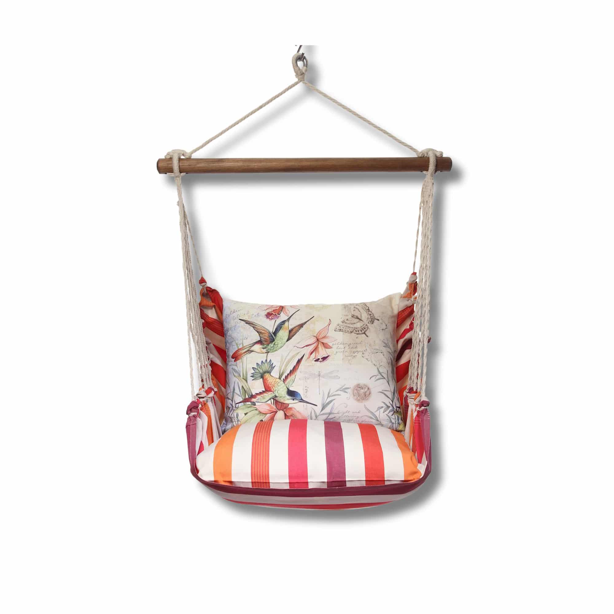 Multi colored outdoor swing crafted by the artisans of Magnolia Casual called the Swing Set 4 piece Cristina Stripe w/ Hummingbirds featuring 100 percent weather resistant fabric, weather resistant polyester fabric, handcrafted shown against a clean backdrop featuring with a stripe motif.