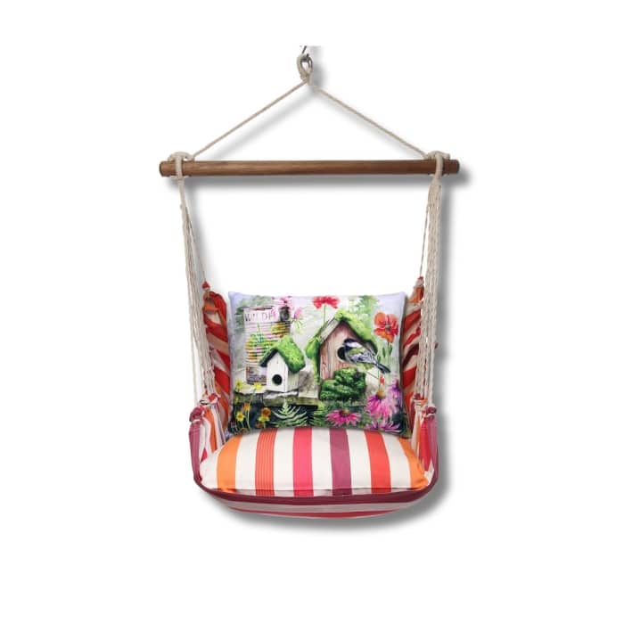 Multi colored outdoor swing crafted by the artisans of Magnolia Casual called the Swing Set 4 piece Cristina Stripe w/ Garden Birdhouses featuring 100 percent weather resistant fabric, weather resistant polyester fabric, handcrafted shown against a clean backdrop featuring with a stripe motif.