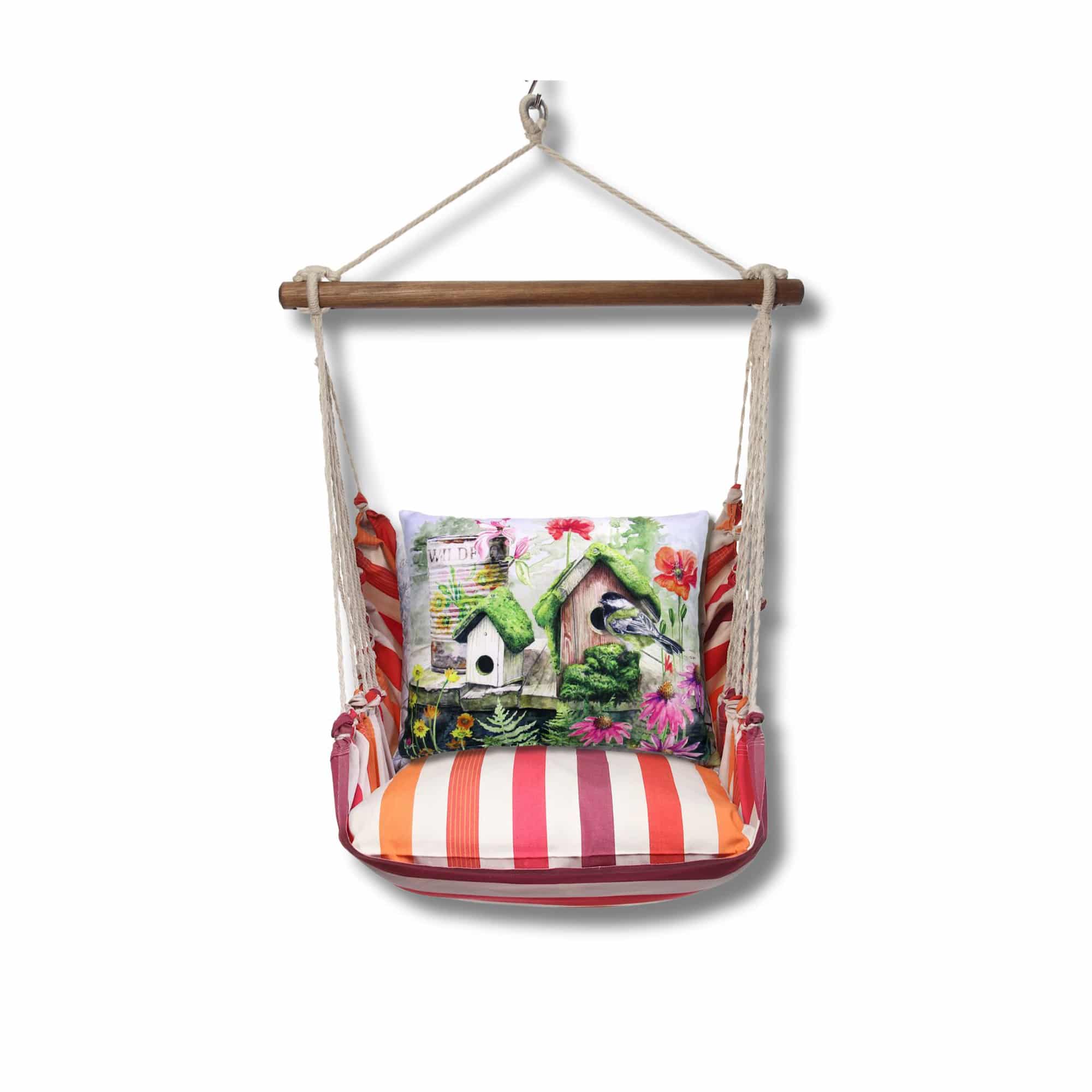 Multi colored outdoor swing crafted by the artisans of Magnolia Casual called the Swing Set 4 piece Cristina Stripe w/ Garden Birdhouses featuring 100 percent weather resistant fabric, weather resistant polyester fabric, handcrafted shown against a clean backdrop featuring with a stripe motif.