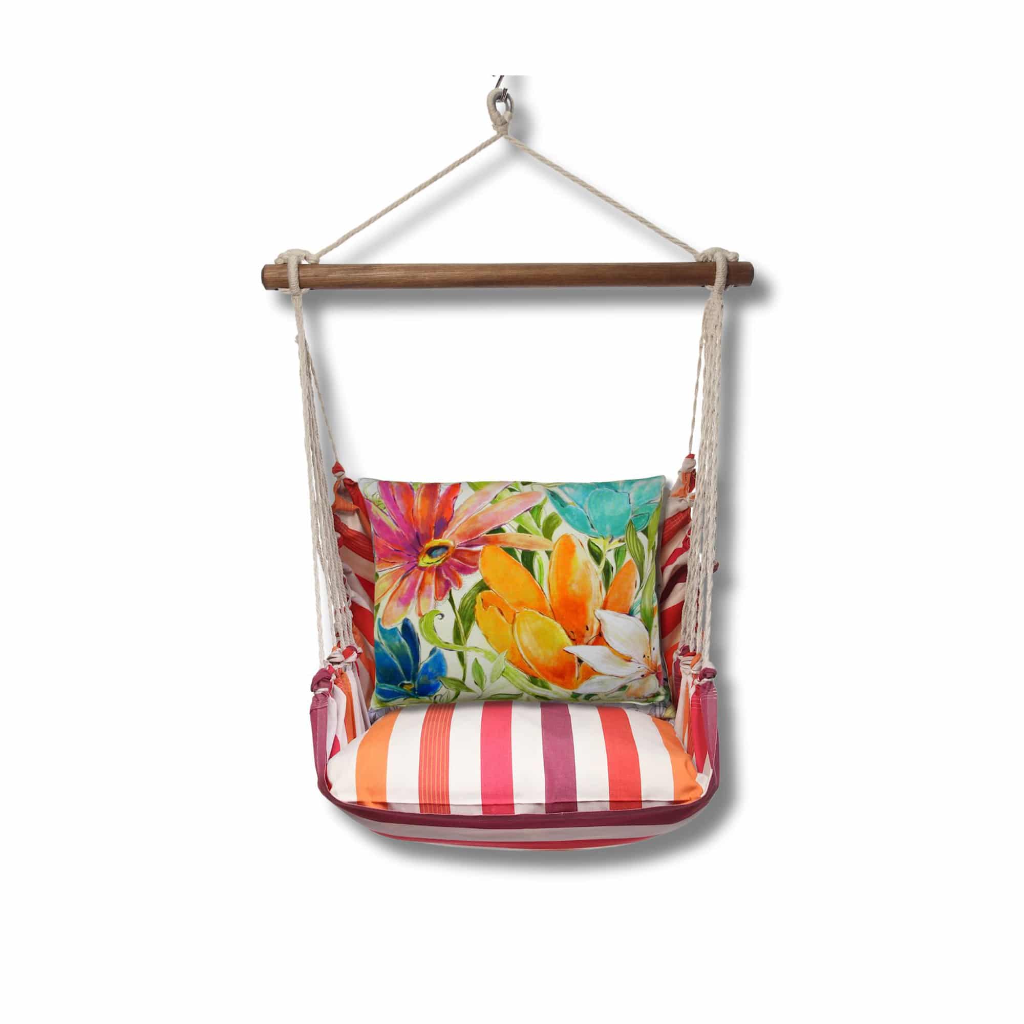 Multi colored outdoor swing crafted by the artisans of Magnolia Casual called the Swing Set 4 piece Cristina Stripe w/ Tropical 1 featuring 100 percent weather resistant fabric, weather resistant polyester fabric, handcrafted shown against a clean backdrop featuring with a stripe motif.