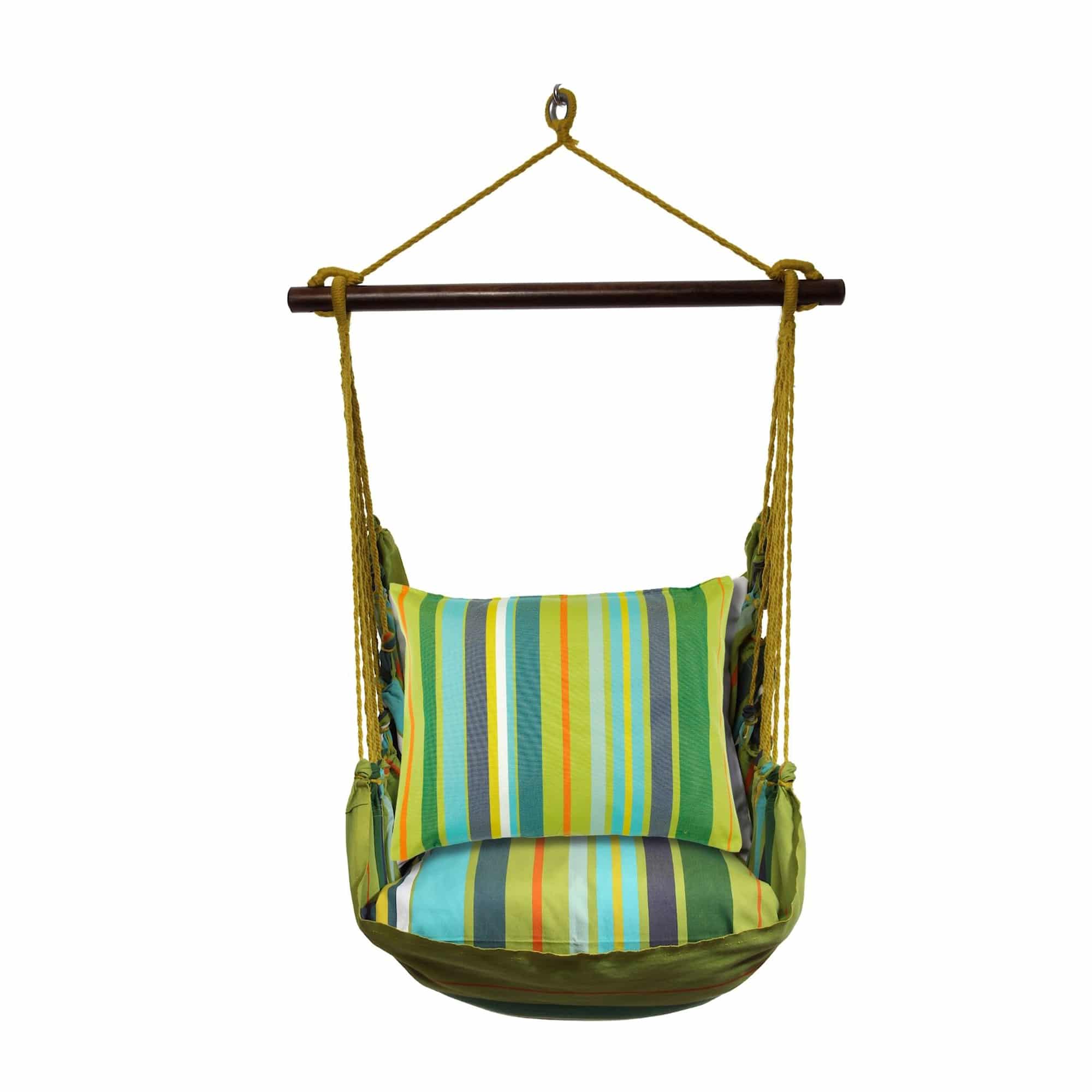 Multi colored outdoor swing crafted by the artisans of Magnolia Casual called the Swing Set 4 piece Citrus Stripe w/ Citrus Stripe featuring 100 percent weather resistant fabric, weather resistant polyester fabric, handcrafted shown against a clean backdrop featuring with a stripe motif.