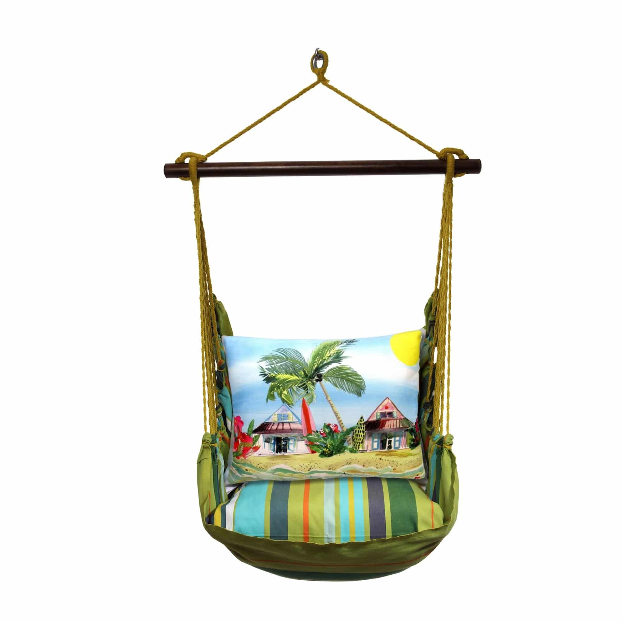 Multi colored outdoor swing crafted by the artisans of Magnolia Casual called the Swing Set 4 piece Citrus Stripe w/ Surf Shack featuring 100 percent weather resistant fabric, weather resistant polyester fabric, handcrafted shown against a clean backdrop featuring with a stripe motif.