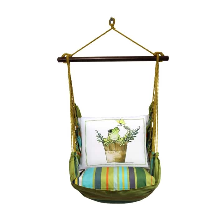 Multi colored outdoor swing crafted by the artisans of Magnolia Casual called the Swing Set 4 piece Citrus Stripe w/ Frog in Pot featuring 100 percent weather resistant fabric, weather resistant polyester fabric, handcrafted shown against a clean backdrop featuring with a stripe motif.
