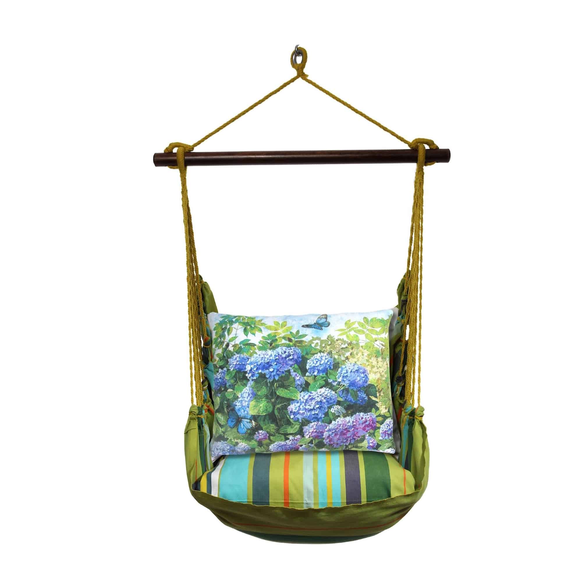 Multi colored outdoor swing crafted by the artisans of Magnolia Casual called the Swing Set 4 piece Citrus Stripe w/ Hydrangeas and Butterfly featuring 100 percent weather resistant fabric, weather resistant polyester fabric, handcrafted shown against a clean backdrop featuring with a stripe motif.
