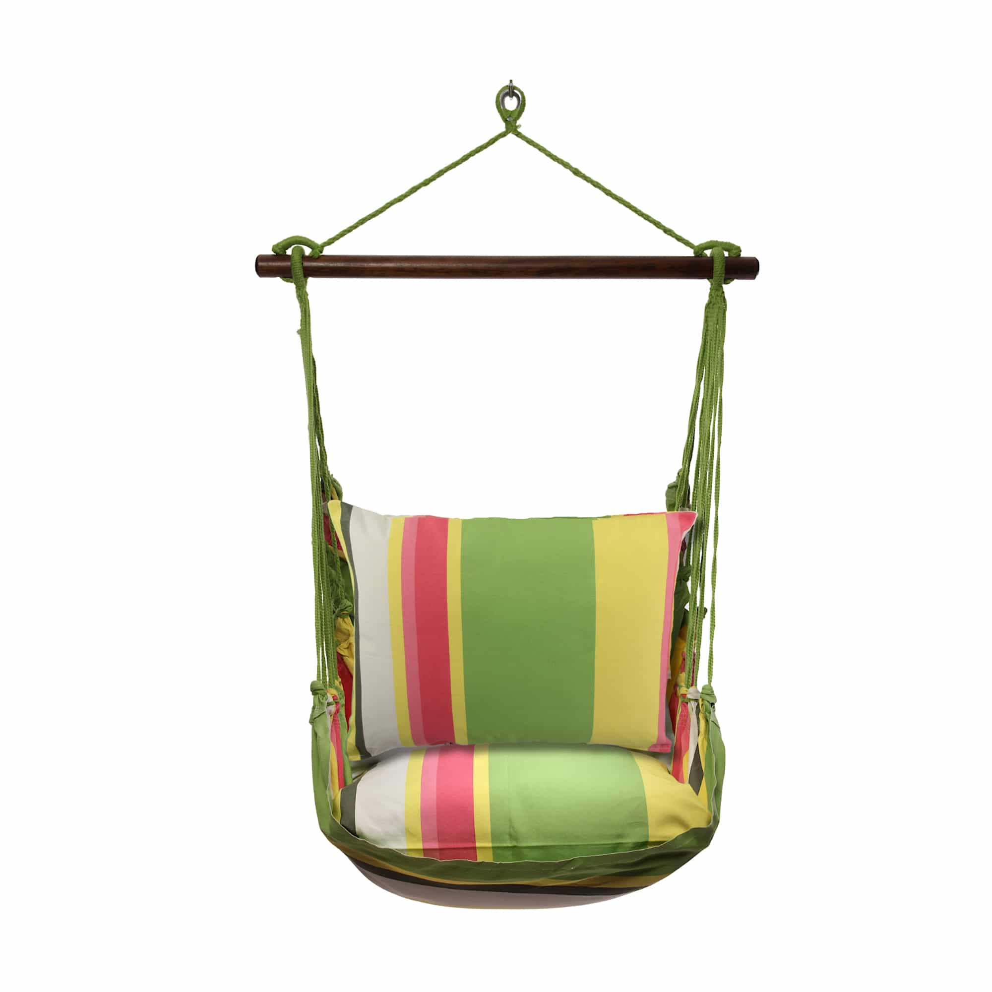 Multi colored outdoor swing crafted by the artisans of Magnolia Casual called the Swing Set 4 piece Fresh Lime Stripe w/ Fresh Lime Stripe Pillow featuring 100 percent weather resistant fabric, weather resistant polyester fabric, handcrafted shown against a clean backdrop featuring with a stripe motif and shades of lime.
