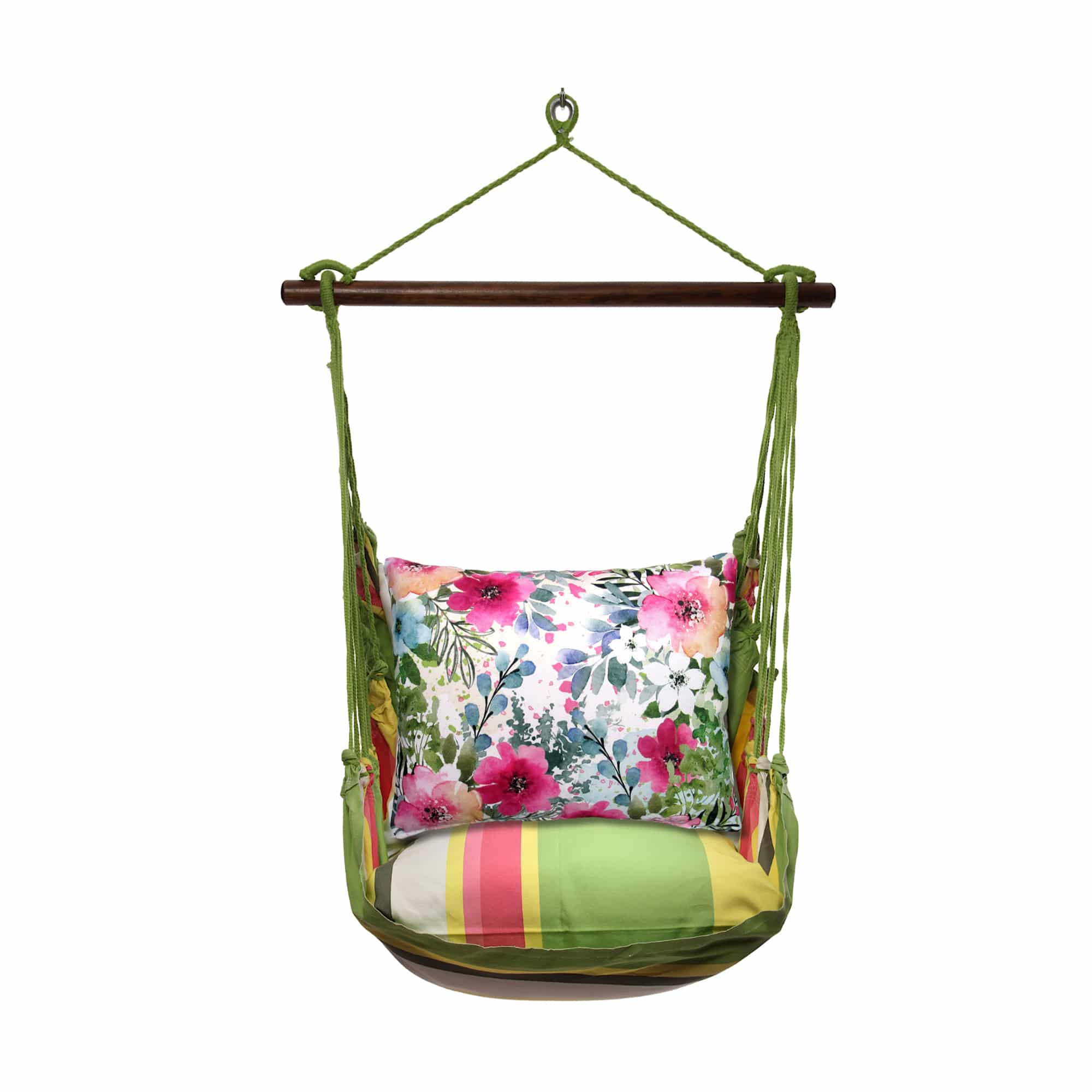 Multi colored outdoor swing crafted by the artisans of Magnolia Casual called the Swing Set 4 piece Fresh Lime Stripe w/ Meadow Dance 1 featuring 100 percent weather resistant fabric, weather resistant polyester fabric, handcrafted shown against a clean backdrop featuring with a stripe motif and shades of lime.