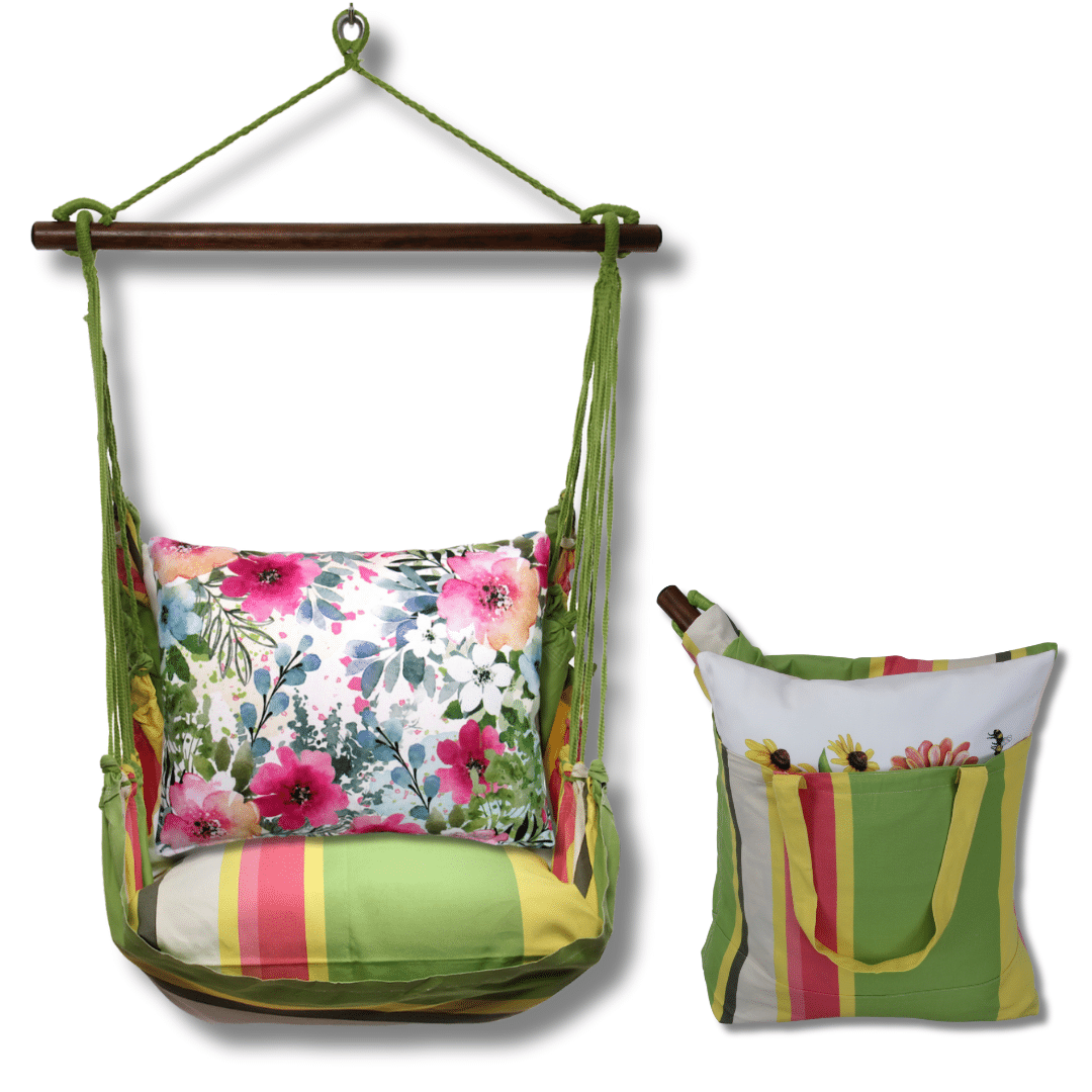 Multi colored outdoor swing crafted by the artisans of Magnolia Casual called the Swing Set 4 piece Fresh Lime Stripe w/ Meadow Dance 1 featuring 100 percent weather resistant fabric, weather resistant polyester fabric, handcrafted shown against a clean backdrop featuring with a stripe motif and shades of lime.