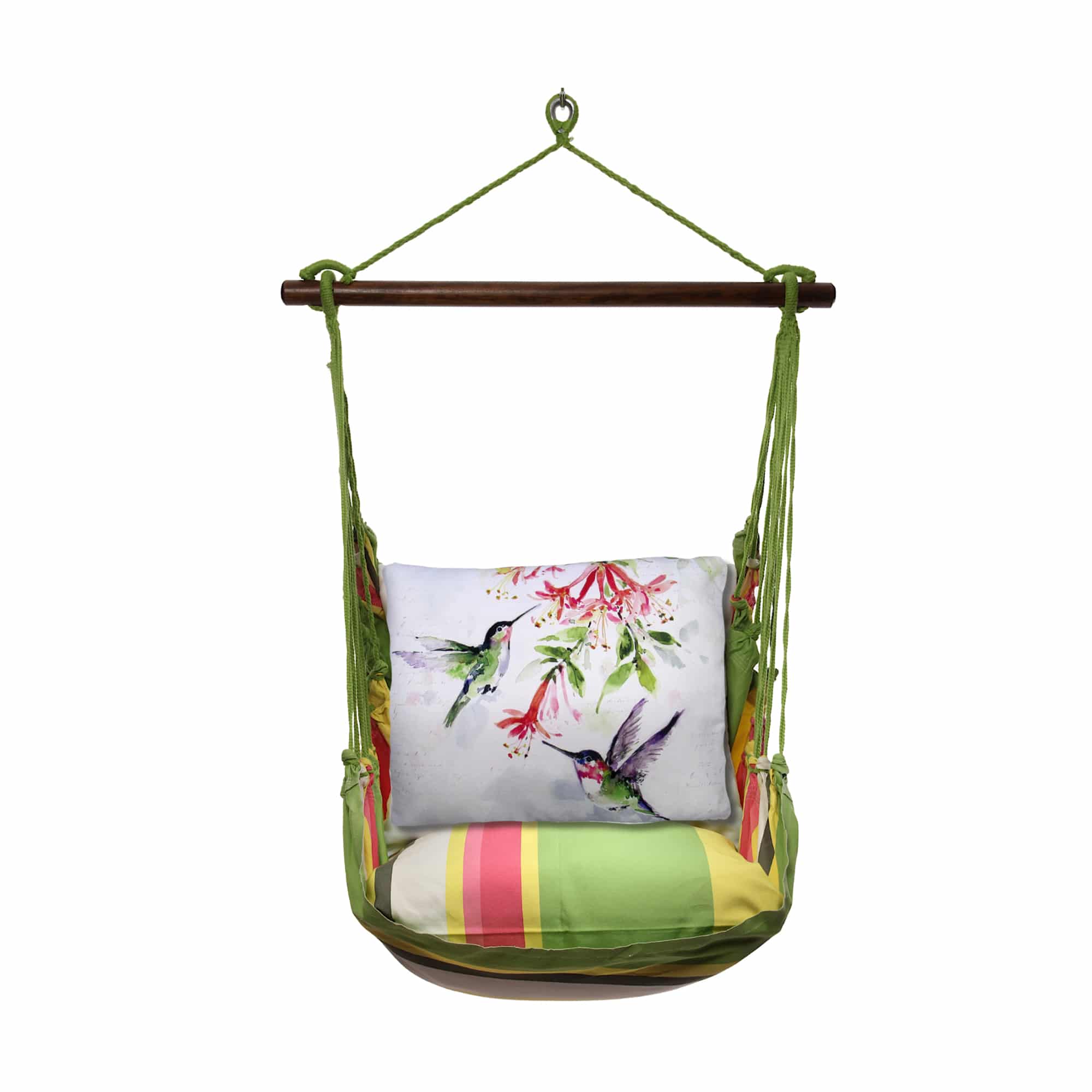 Multi colored outdoor swing crafted by the artisans of Magnolia Casual called the Swing Set 4 piece Fresh Lime Stripe w/ 2 Hummers w/Hanging Plant featuring 100 percent weather resistant fabric, weather resistant polyester fabric, handcrafted shown against a clean backdrop featuring with a stripe motif and shades of lime.