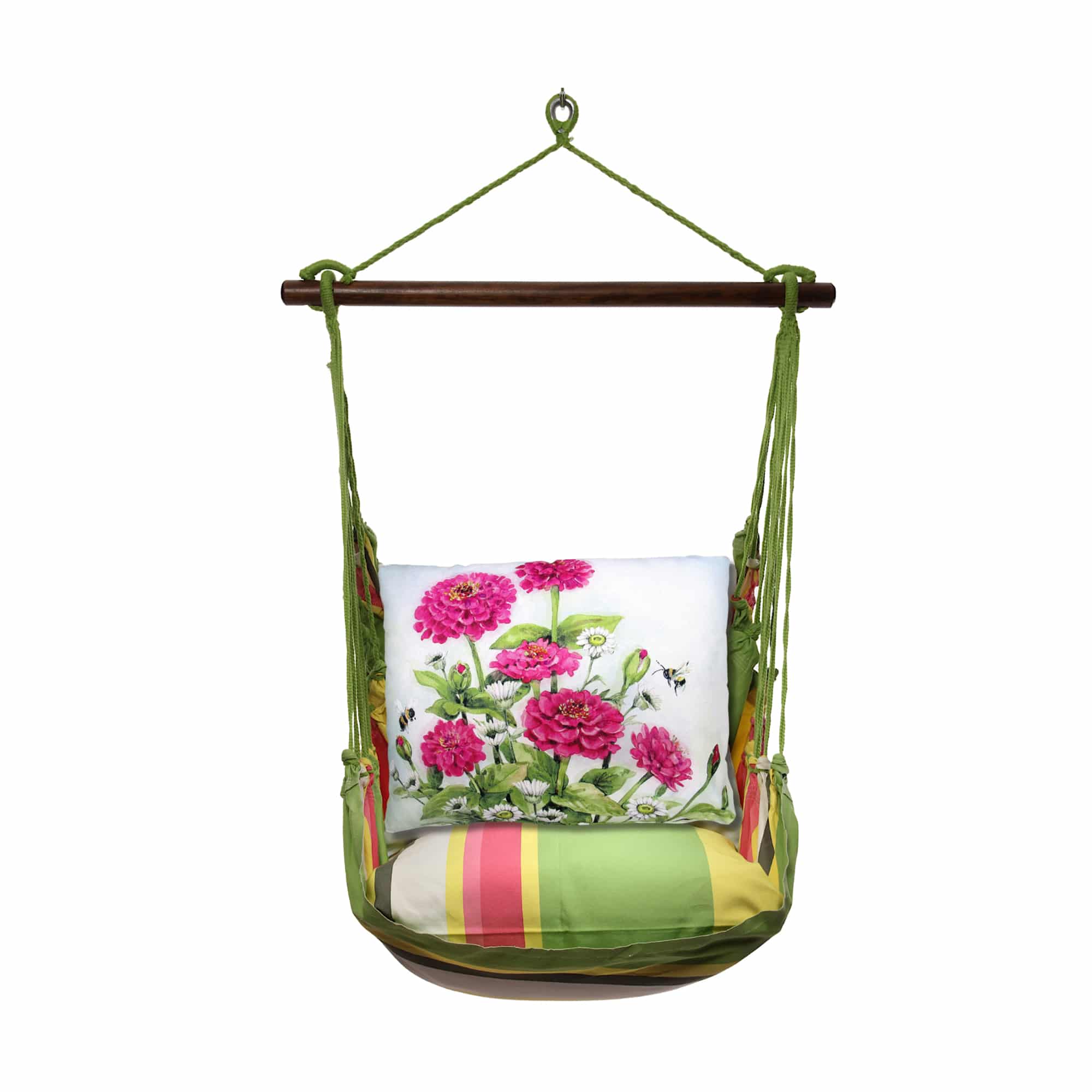Pink outdoor swing crafted by the artisans of Magnolia Casual called the Swing Set 4 piece Fresh Lime Stripe w/ Zinnias Pink featuring 100 percent weather resistant fabric, weather resistant polyester fabric, handcrafted shown against a clean backdrop featuring with a stripe motif and shades of lime and pink.
