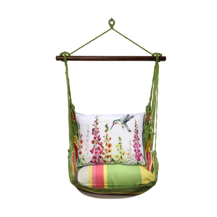 Multi colored outdoor swing crafted by the artisans of Magnolia Casual called the Swing Set 4 piece Fresh Lime Stripe w/ Foxgloves w/ Hummingbird featuring 100 percent weather resistant fabric, weather resistant polyester fabric, handcrafted shown against a clean backdrop featuring with a stripe motif and shades of lime.