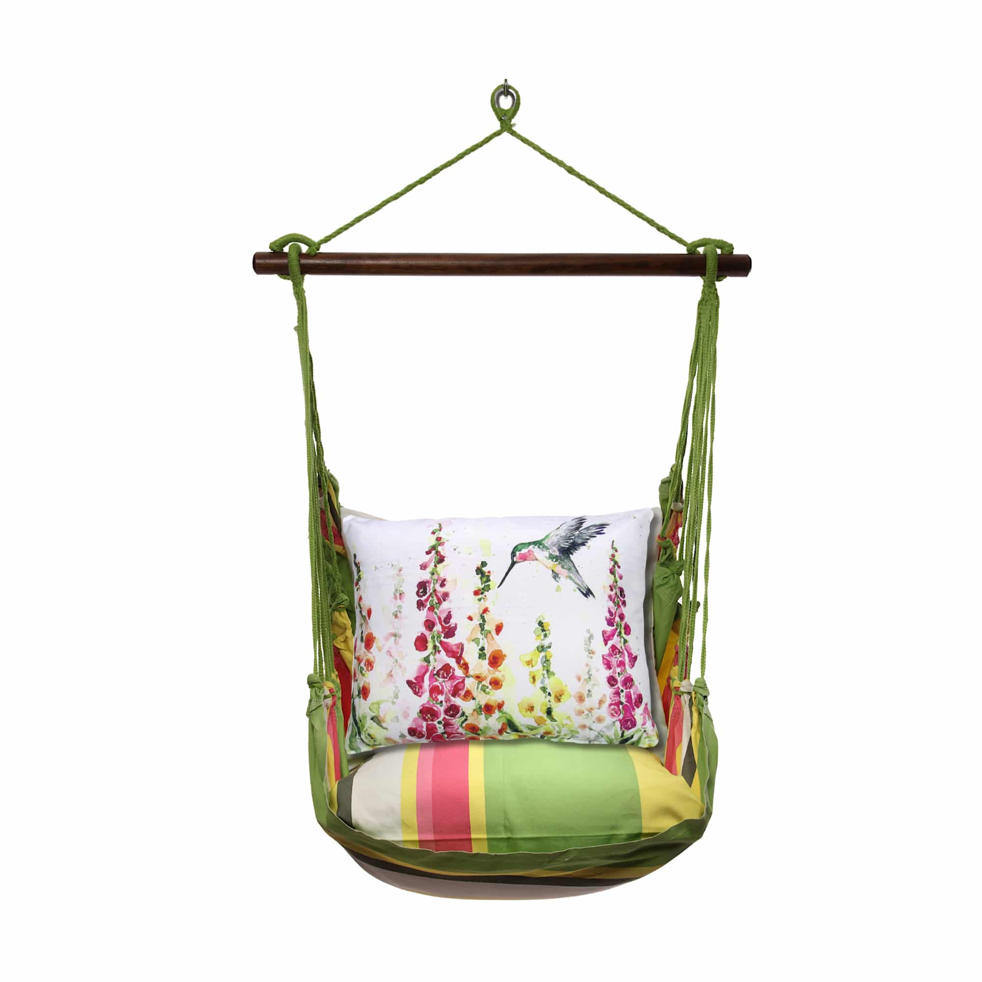 Multi colored outdoor swing crafted by the artisans of Magnolia Casual called the Swing Set 4 piece Fresh Lime Stripe w/ Foxgloves w/ Hummingbird featuring 100 percent weather resistant fabric, weather resistant polyester fabric, handcrafted shown against a clean backdrop featuring with a stripe motif and shades of lime.