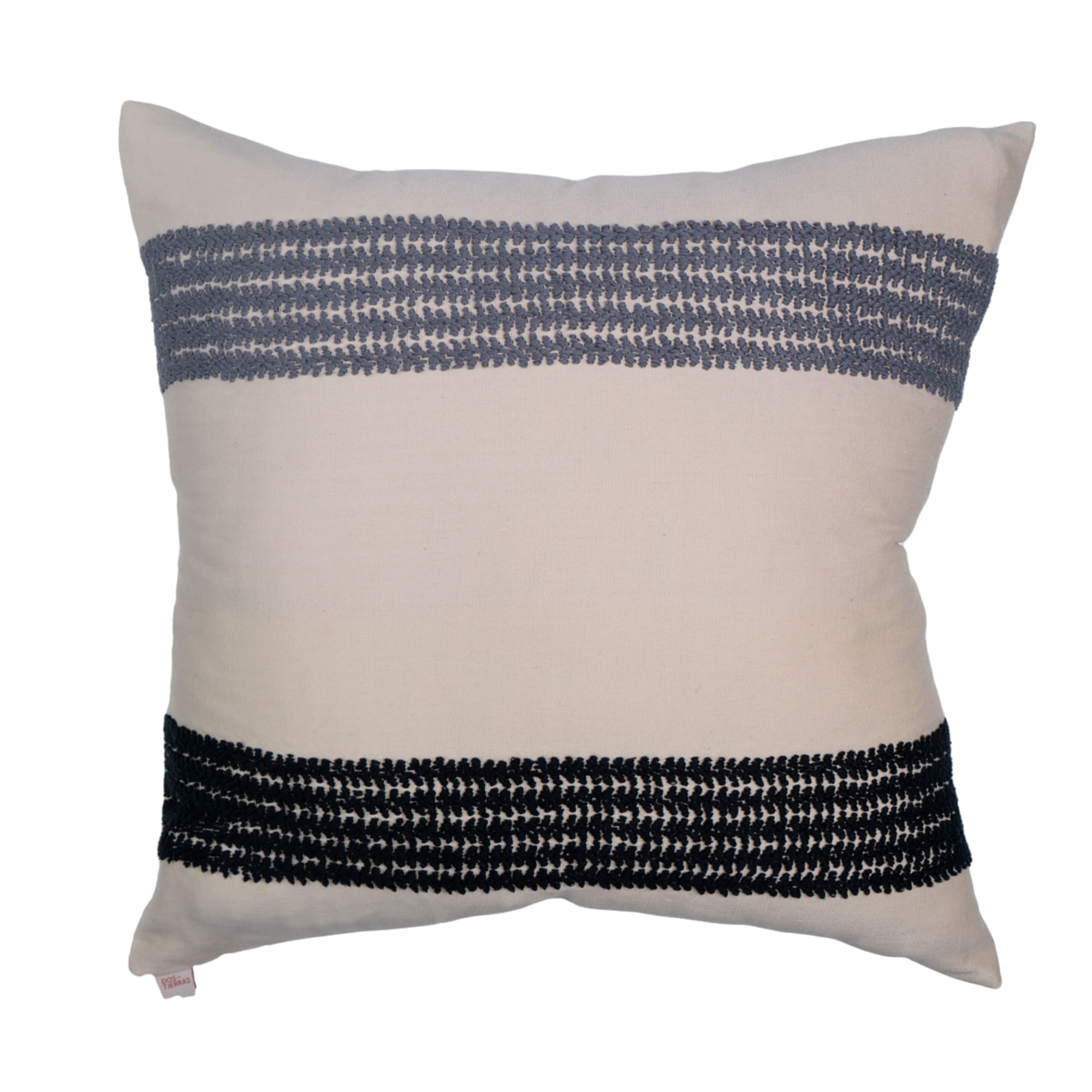 Black pillow cover crafted by the artisans of Dos Tierras called the Flechas Pillow Cover Gray Black featuring traditional backstrap loom weave, handwoven textile, handcrafted shown against a clean backdrop featuring shades of gray and black.
