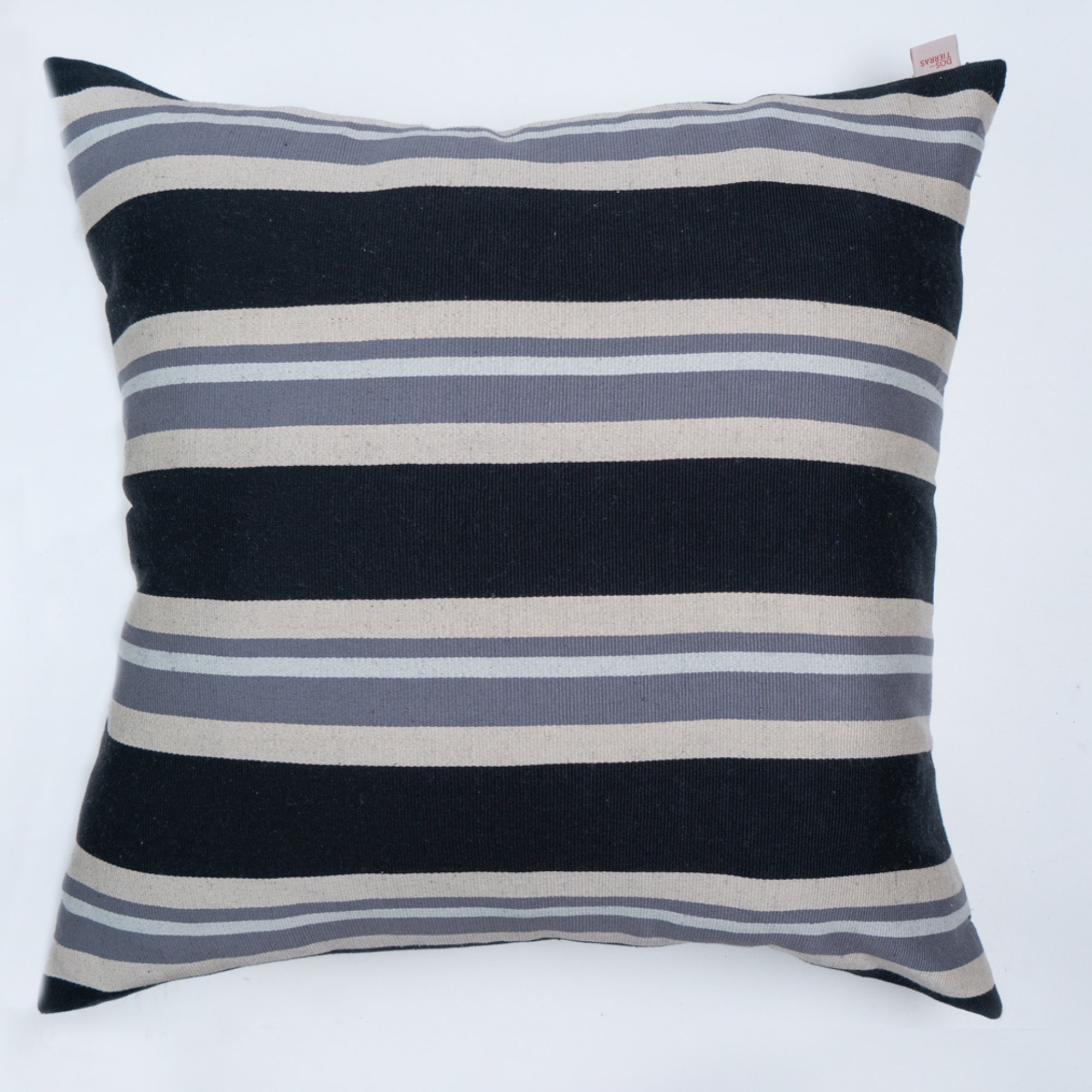 Black outdoor pillow crafted by the artisans of Magnolia Casual called the Rayas Pillow Gray Black featuring traditional backstrap loom weave, handwoven textile, handcrafted shown against a clean backdrop featuring shades of gray and black.