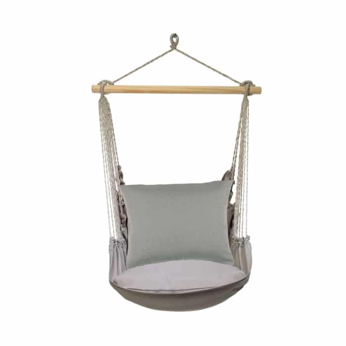 Gray outdoor swing crafted by the artisans of Magnolia Casual called the Swing Set 4 piece Gray Solid w/ Gray Solid featuring 100 percent weather resistant fabric, weather resistant polyester fabric, handcrafted shown against a clean backdrop featuring shades of gray.
