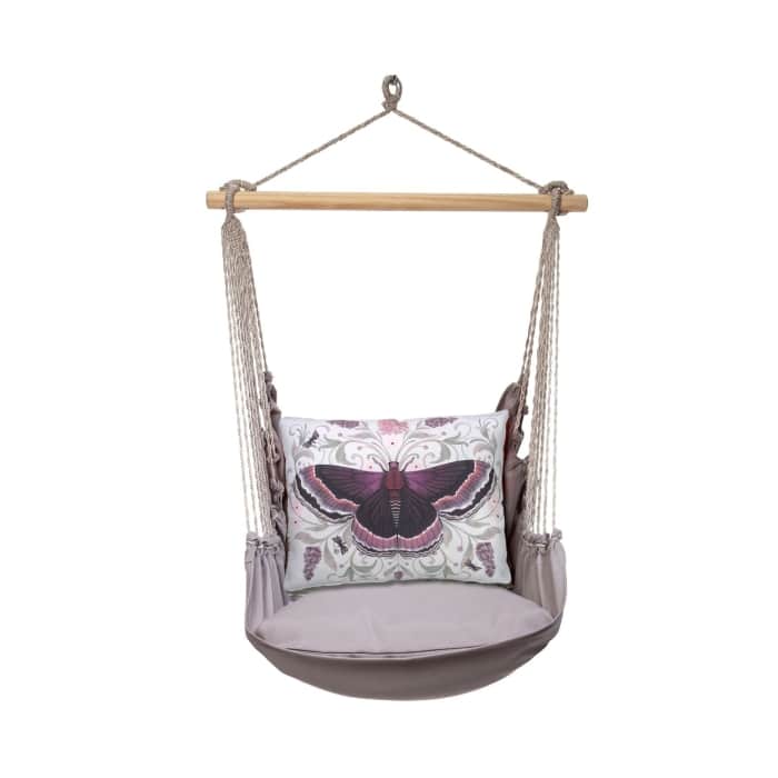 Gray outdoor swing crafted by the artisans of Magnolia Casual called the Swing Set 4 piece Gray Solid w/ Mauve Butterfly featuring 100 percent weather resistant fabric, weather resistant polyester fabric, handcrafted shown against a clean backdrop featuring with a butterfly motif and shades of gray.