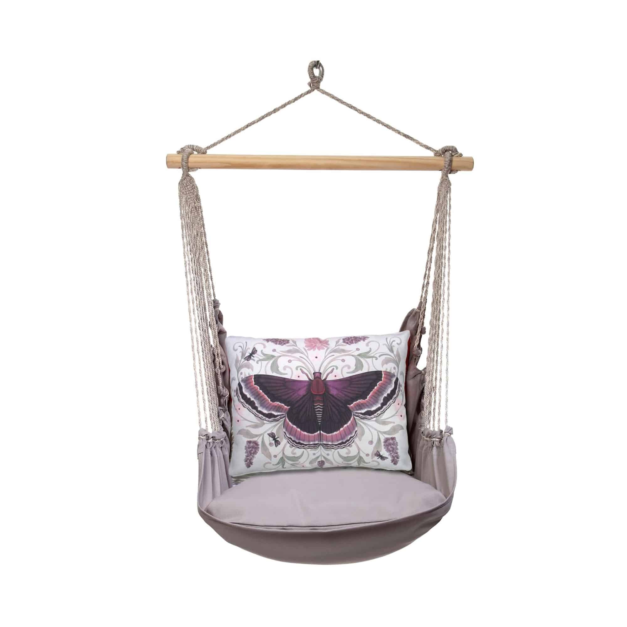 Gray outdoor swing crafted by the artisans of Magnolia Casual called the Swing Set 4 piece Gray Solid w/ Mauve Butterfly featuring 100 percent weather resistant fabric, weather resistant polyester fabric, handcrafted shown against a clean backdrop featuring with a butterfly motif and shades of gray.