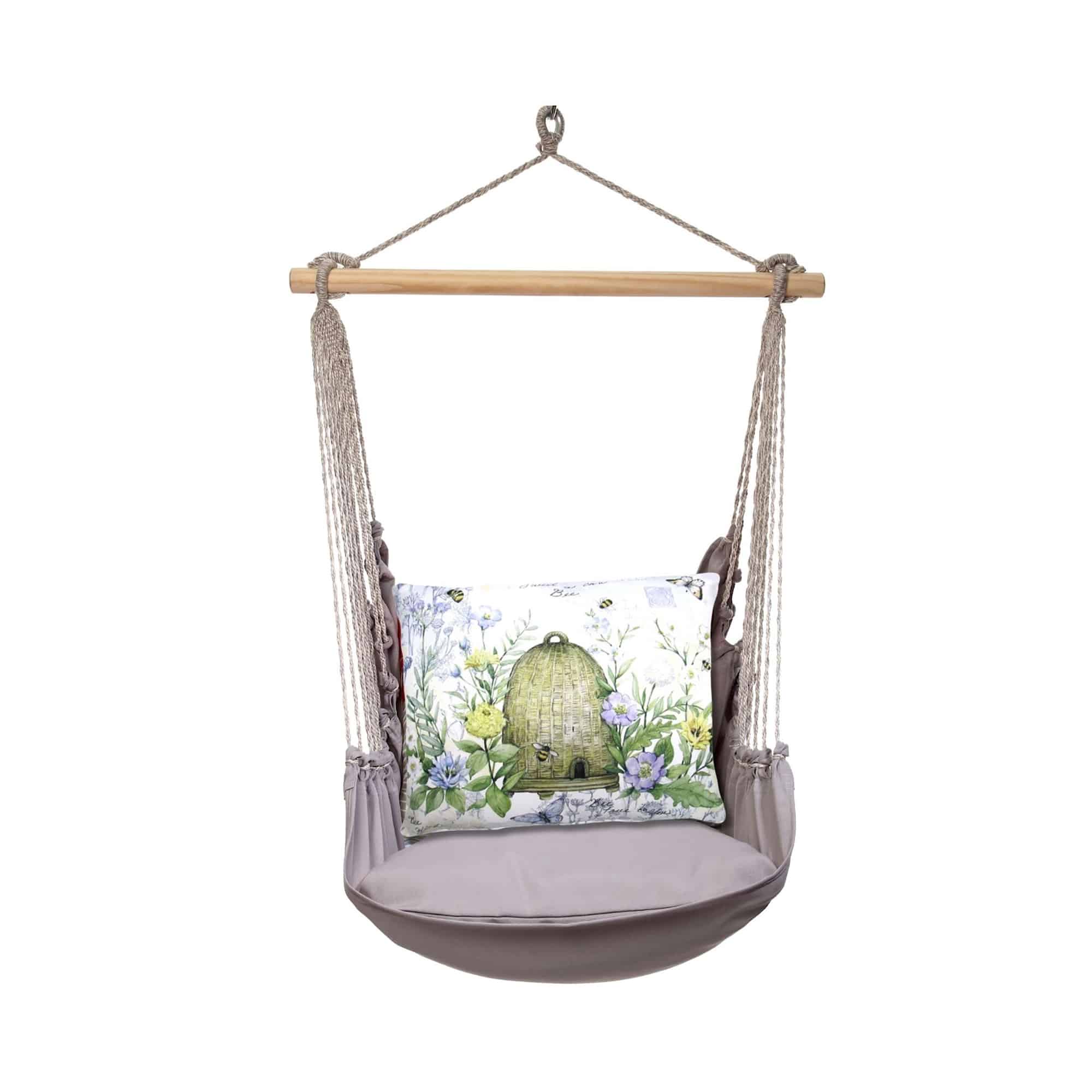 Gray outdoor swing crafted by the artisans of Magnolia Casual called the Swing Set 4 piece Gray Solid w/ Bee Skep featuring 100 percent weather resistant fabric, weather resistant polyester fabric, handcrafted shown against a clean backdrop featuring with a bee motif and shades of gray.