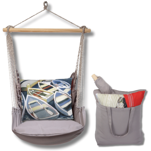 Gray outdoor swing crafted by the artisans of Magnolia Casual called the Swing Set 4 piece Gray Solid w/ Boats featuring 100 percent weather resistant fabric, weather resistant polyester fabric, handcrafted shown against a clean backdrop featuring shades of gray.