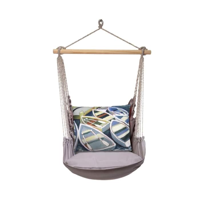 Gray outdoor swing crafted by the artisans of Magnolia Casual called the Swing Set 4 piece Gray Solid w/ Boats featuring 100 percent weather resistant fabric, weather resistant polyester fabric, handcrafted shown against a clean backdrop featuring shades of gray.