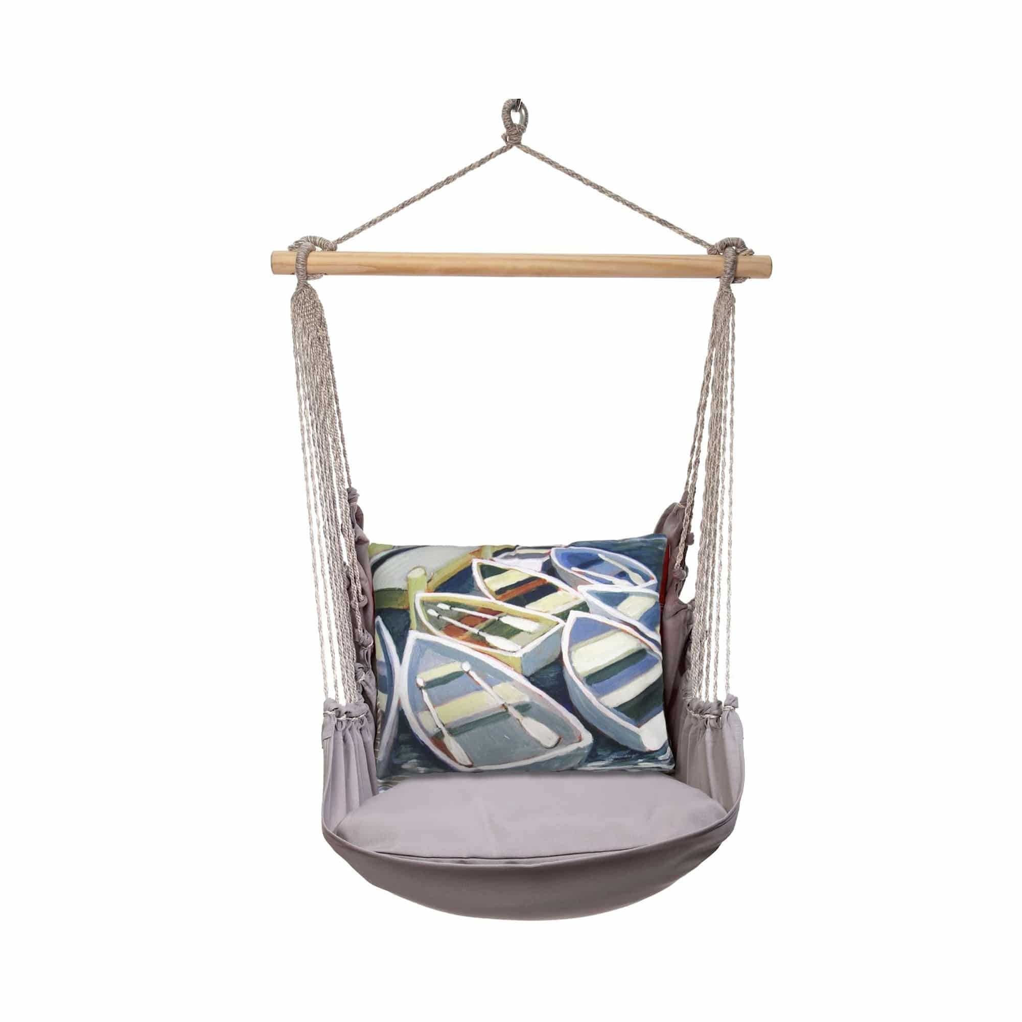 Gray outdoor swing crafted by the artisans of Magnolia Casual called the Swing Set 4 piece Gray Solid w/ Boats featuring 100 percent weather resistant fabric, weather resistant polyester fabric, handcrafted shown against a clean backdrop featuring shades of gray.
