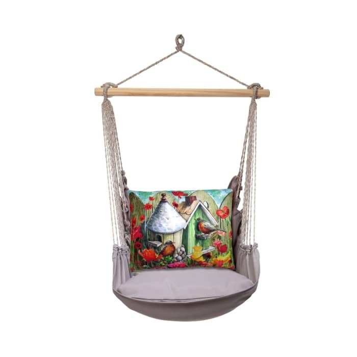 Gray outdoor swing crafted by the artisans of Magnolia Casual called the Swing Set 4 piece Gray Solid w/ Birdhouse w/Dome featuring 100 percent weather resistant fabric, weather resistant polyester fabric, handcrafted shown against a clean backdrop featuring shades of gray.