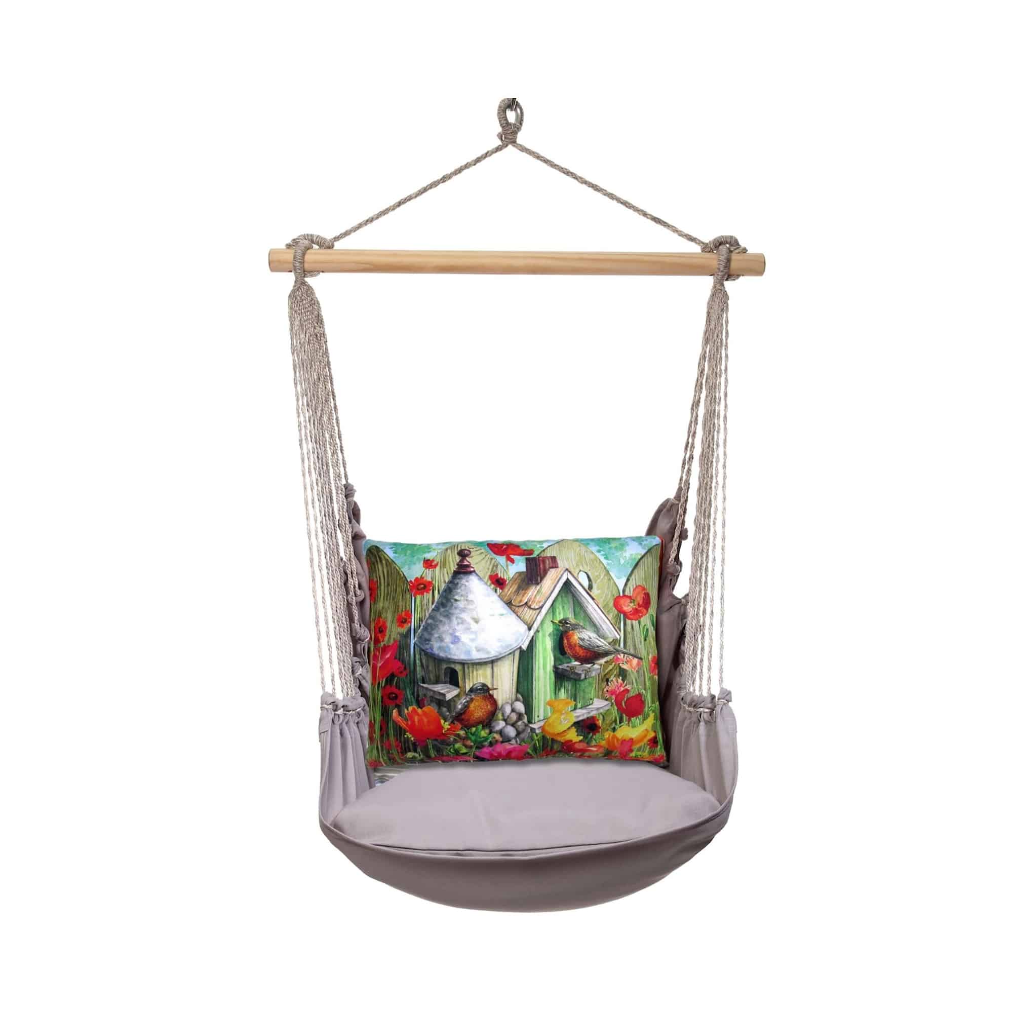 Gray outdoor swing crafted by the artisans of Magnolia Casual called the Swing Set 4 piece Gray Solid w/ Birdhouse w/Dome featuring 100 percent weather resistant fabric, weather resistant polyester fabric, handcrafted shown against a clean backdrop featuring shades of gray.
