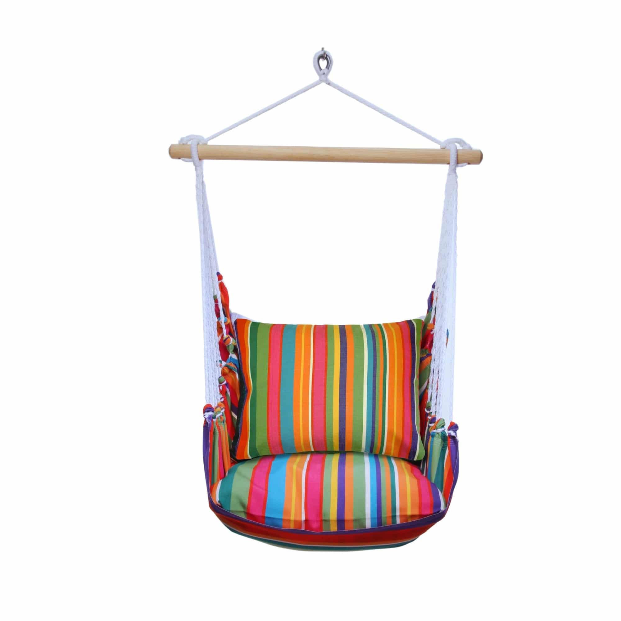 Multi colored outdoor swing crafted by the artisans of Magnolia Casual called the Swing Set 4 piece Le Jardin Stripe w/ Le Jardin Stripe featuring 100 percent weather resistant fabric, weather resistant polyester fabric, handcrafted shown against a clean backdrop featuring with a stripe motif.