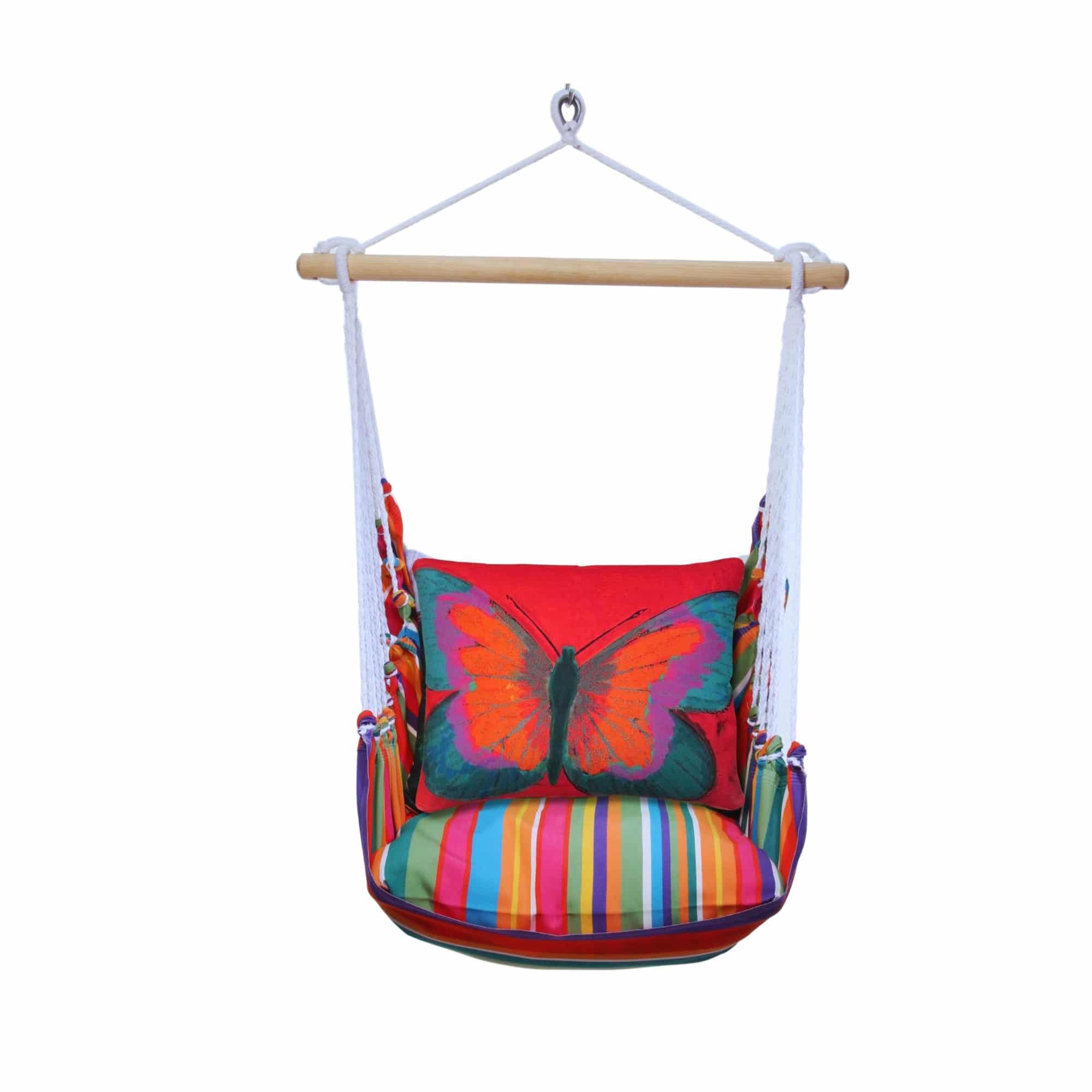 Red outdoor swing crafted by the artisans of Magnolia Casual called the Swing Set 4 piece Le Jardin Stripe w/ Brilliant Red Butterfly featuring 100 percent weather resistant fabric, weather resistant polyester fabric, handcrafted shown against a clean backdrop featuring with a stripe motif and shades of red.