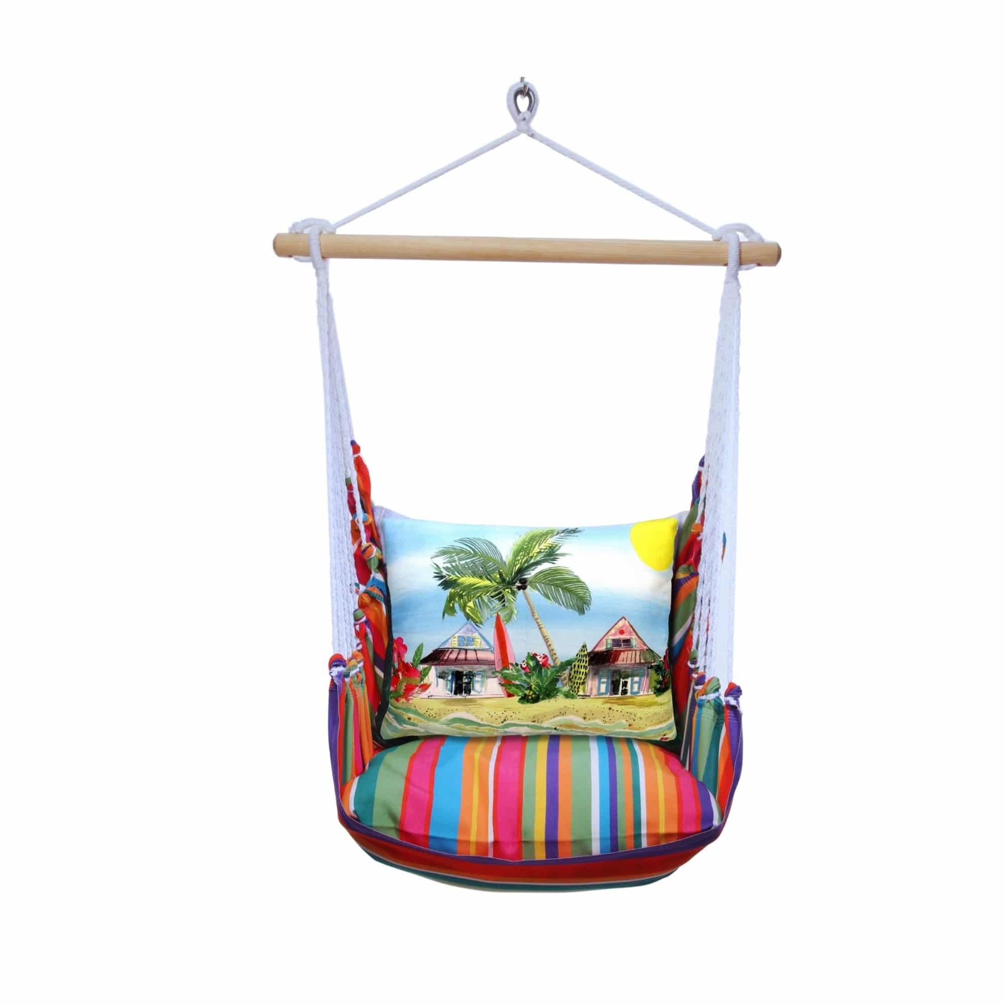 Multi colored outdoor swing crafted by the artisans of Magnolia Casual called the Swing Set 4 piece Le Jardin Stripe w/ Surf Shack featuring 100 percent weather resistant fabric, weather resistant polyester fabric, handcrafted shown against a clean backdrop featuring with a stripe motif.