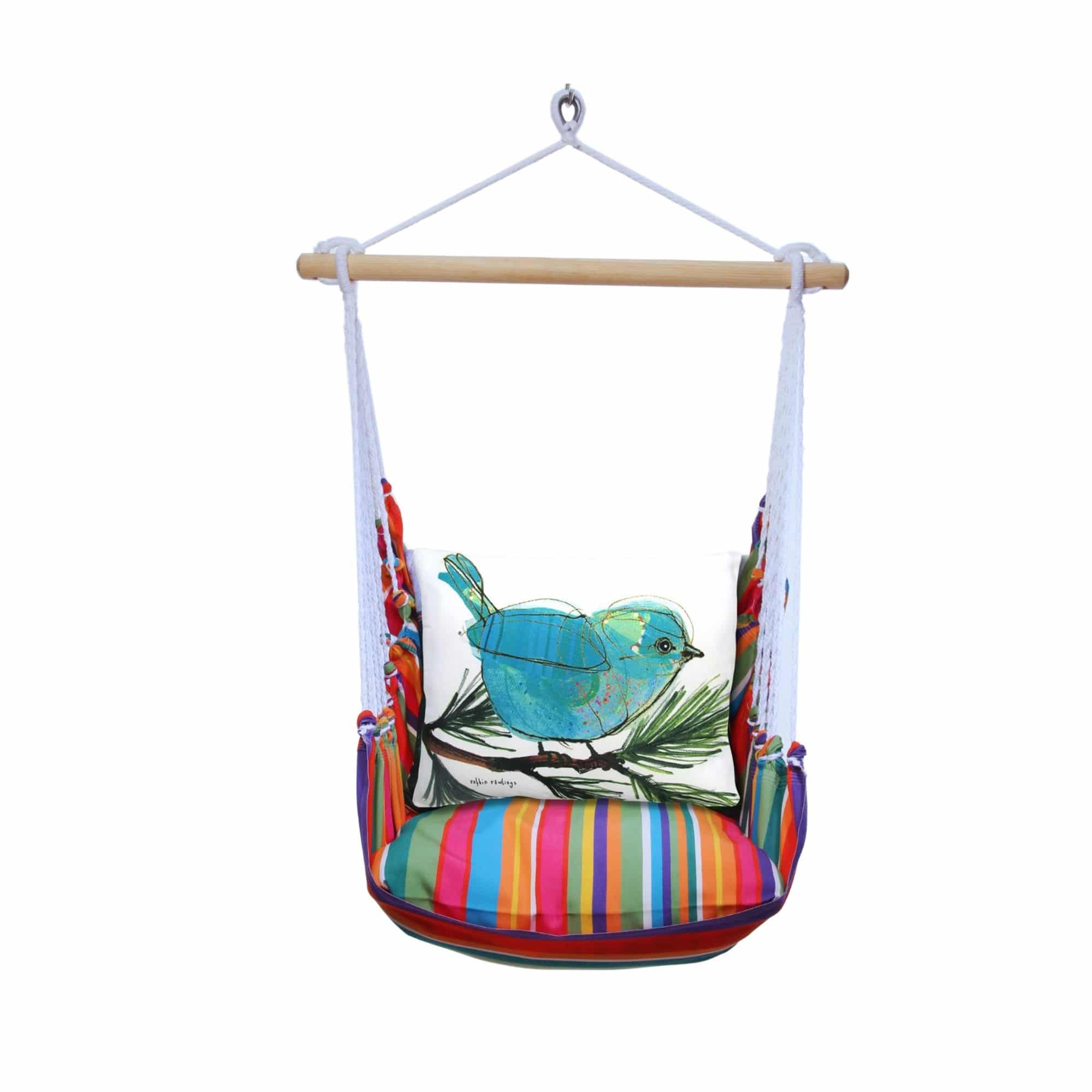 Blue outdoor swing crafted by the artisans of Magnolia Casual called the Swing Set 4 piece Le Jardin Stripe w/ Blue Bird on Branch featuring 100 percent weather resistant fabric, weather resistant polyester fabric, handcrafted shown against a clean backdrop featuring with a stripe motif and shades of blue.