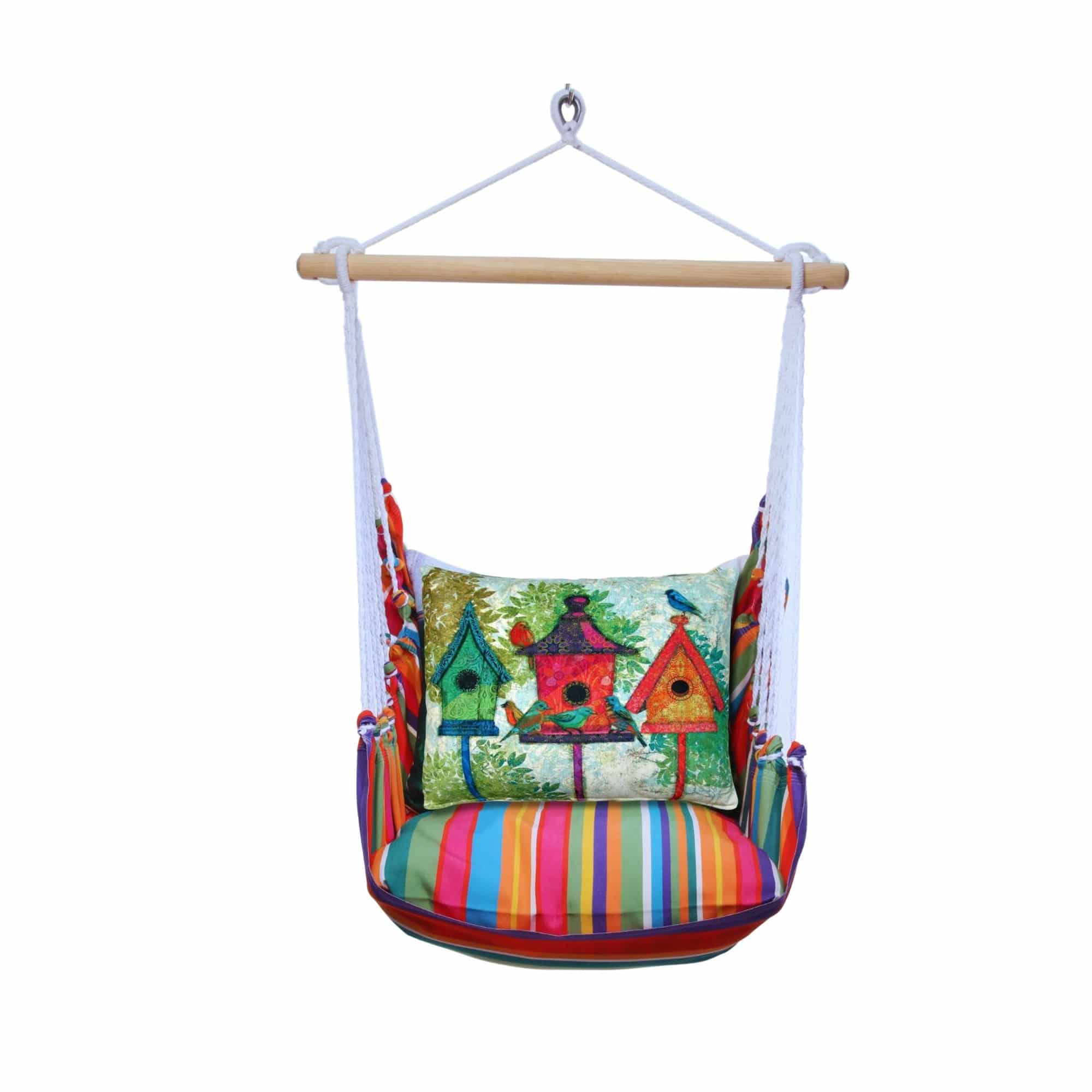 Multi colored outdoor swing crafted by the artisans of Magnolia Casual called the Swing Set 4 piece Le Jardin Stripe w/ 3 Birdhouses featuring 100 percent weather resistant fabric, weather resistant polyester fabric, handcrafted shown against a clean backdrop featuring with a stripe motif.