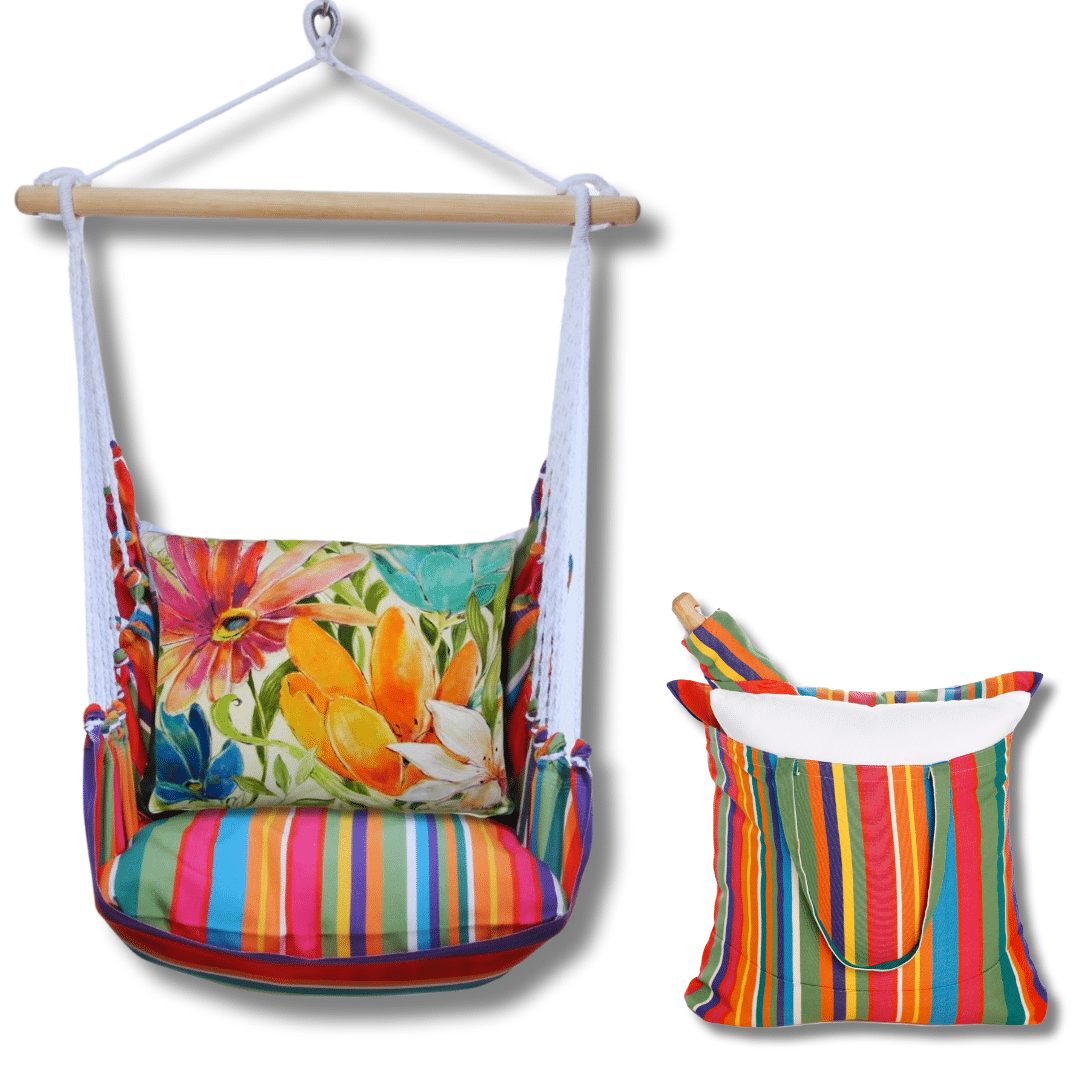 Multi colored outdoor swing crafted by the artisans of Magnolia Casual called the Swing Set 4 piece Le Jardin Stripe w/ Tropical 1 featuring 100 percent weather resistant fabric, weather resistant polyester fabric, handcrafted shown against a clean backdrop featuring with a stripe motif.
