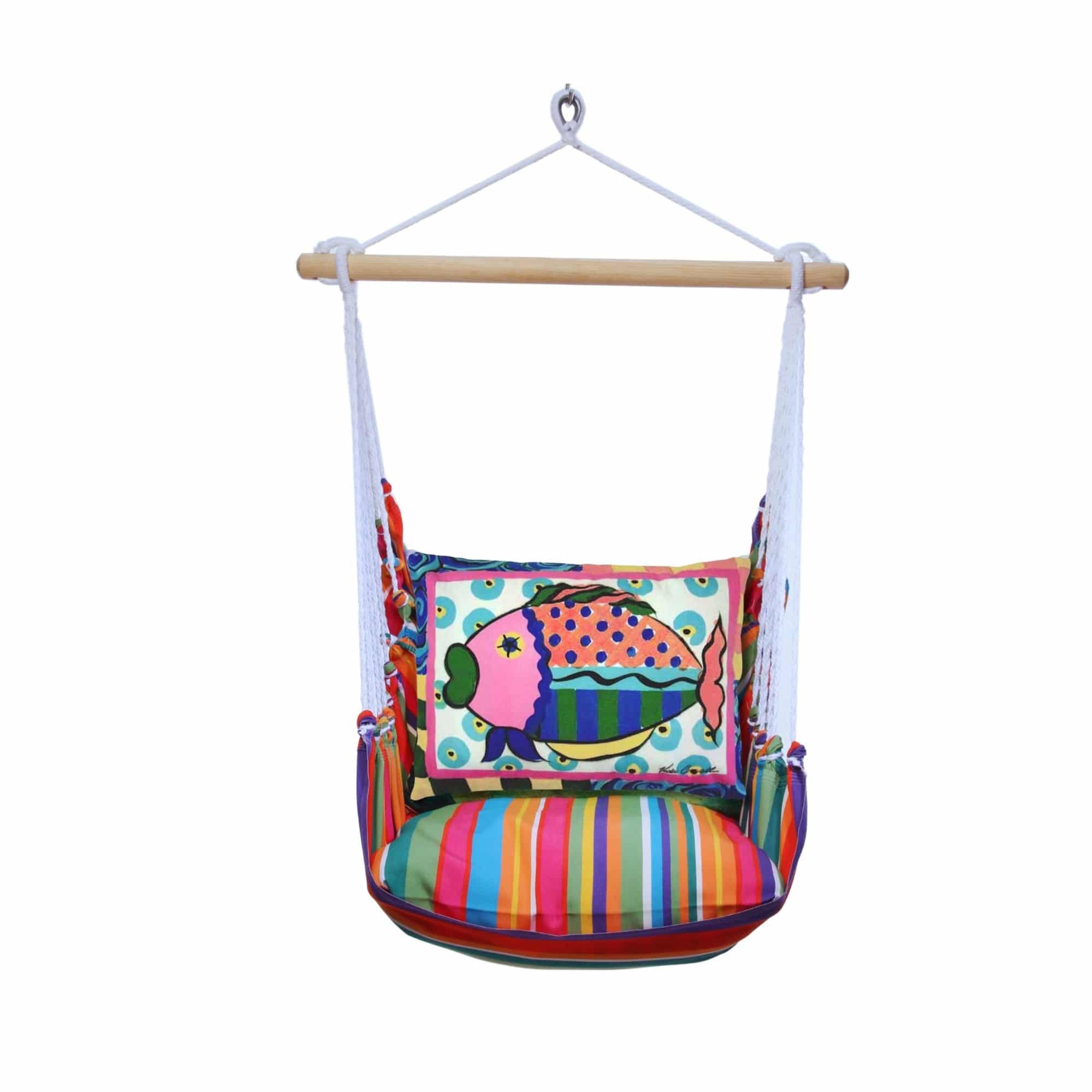 Multi colored outdoor swing crafted by the artisans of Magnolia Casual called the Swing Set 4 piece Le Jardin Stripe w/ Fish featuring 100 percent weather resistant fabric, weather resistant polyester fabric, handcrafted shown against a clean backdrop featuring with a stripe motif.