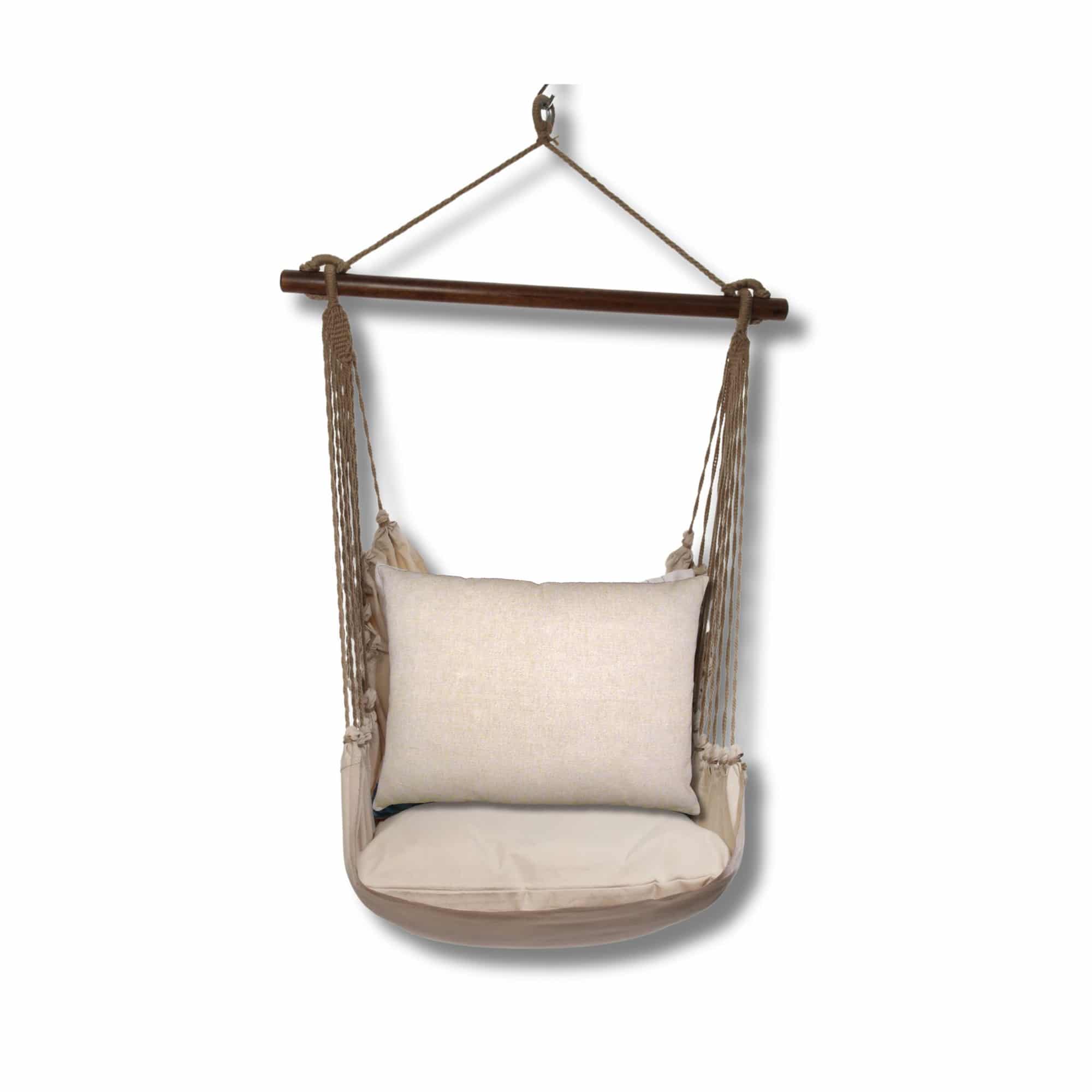 Multi colored outdoor swing crafted by the artisans of Magnolia Casual called the Swing Set 4 piece Latte Solid w/ Latte Solid featuring 100 percent weather resistant fabric, weather resistant polyester fabric, handcrafted shown against a clean backdrop.