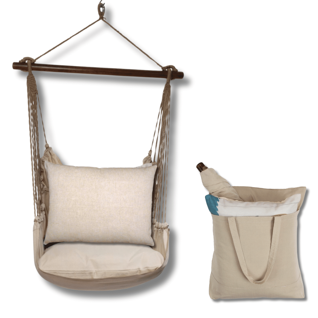 Multi colored outdoor swing crafted by the artisans of Magnolia Casual called the Swing Set 4 piece Latte Solid w/ Latte Solid featuring 100 percent weather resistant fabric, weather resistant polyester fabric, handcrafted shown against a clean backdrop.