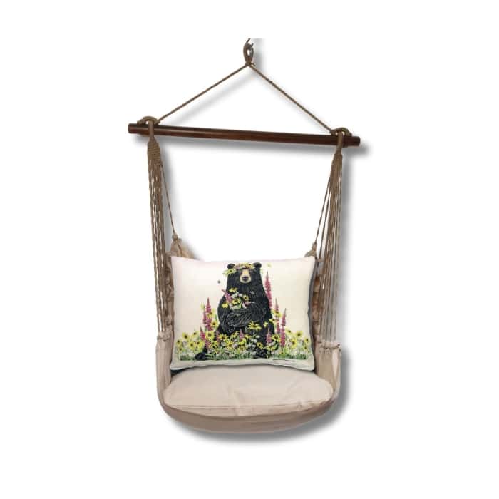 Multi colored outdoor swing crafted by the artisans of Magnolia Casual called the Swing Set 4 piece Latte Solid w/ Wildflower Bear featuring 100 percent weather resistant fabric, weather resistant polyester fabric, handcrafted shown against a clean backdrop.