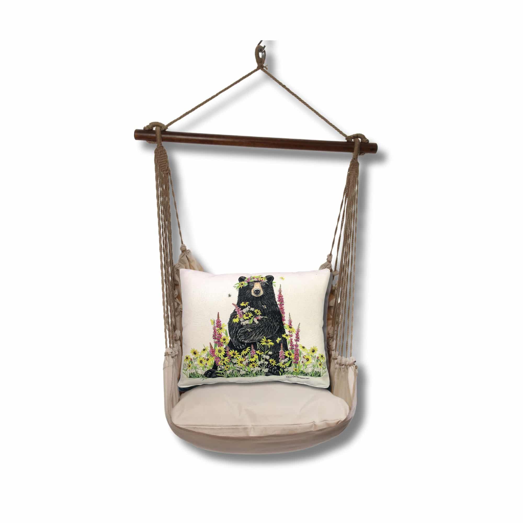 Multi colored outdoor swing crafted by the artisans of Magnolia Casual called the Swing Set 4 piece Latte Solid w/ Wildflower Bear featuring 100 percent weather resistant fabric, weather resistant polyester fabric, handcrafted shown against a clean backdrop.