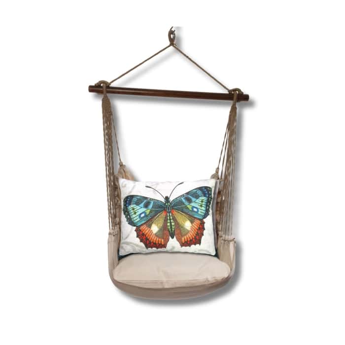 Multi colored outdoor swing crafted by the artisans of Magnolia Casual called the Swing Set 4 piece Latte Solid w/ Butterfly M2 featuring 100 percent weather resistant fabric, weather resistant polyester fabric, handcrafted shown against a clean backdrop featuring with a butterfly motif.
